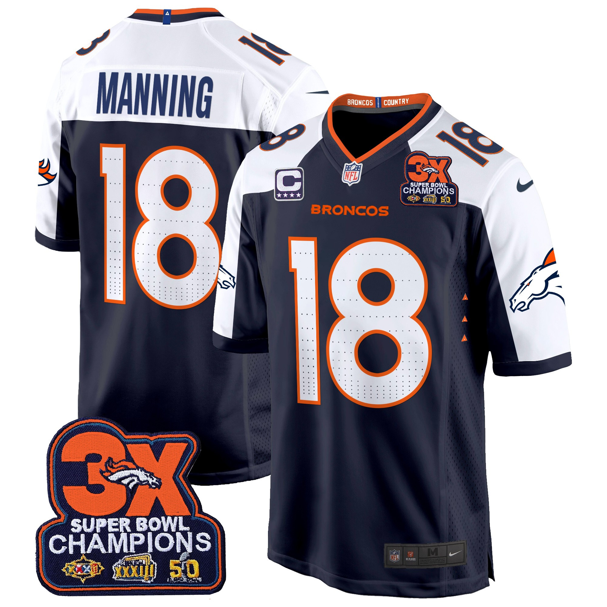 Men's Peyton Manning Denver Broncos 3-Time Champions Patch Game Navy Alternate Jersey - All Stitched