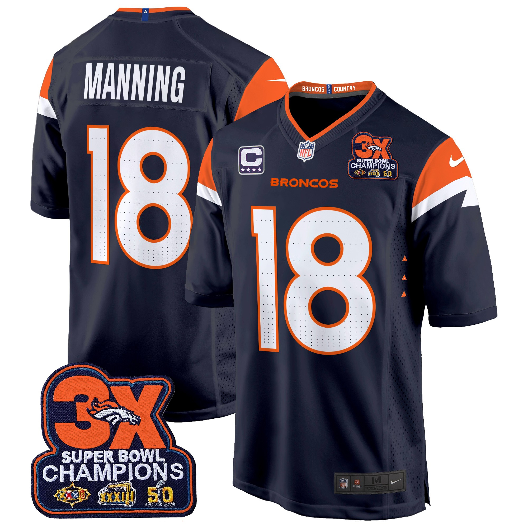 Men's Peyton Manning Denver Broncos 3-Time Champions Patch Game Navy Jersey - All Stitched