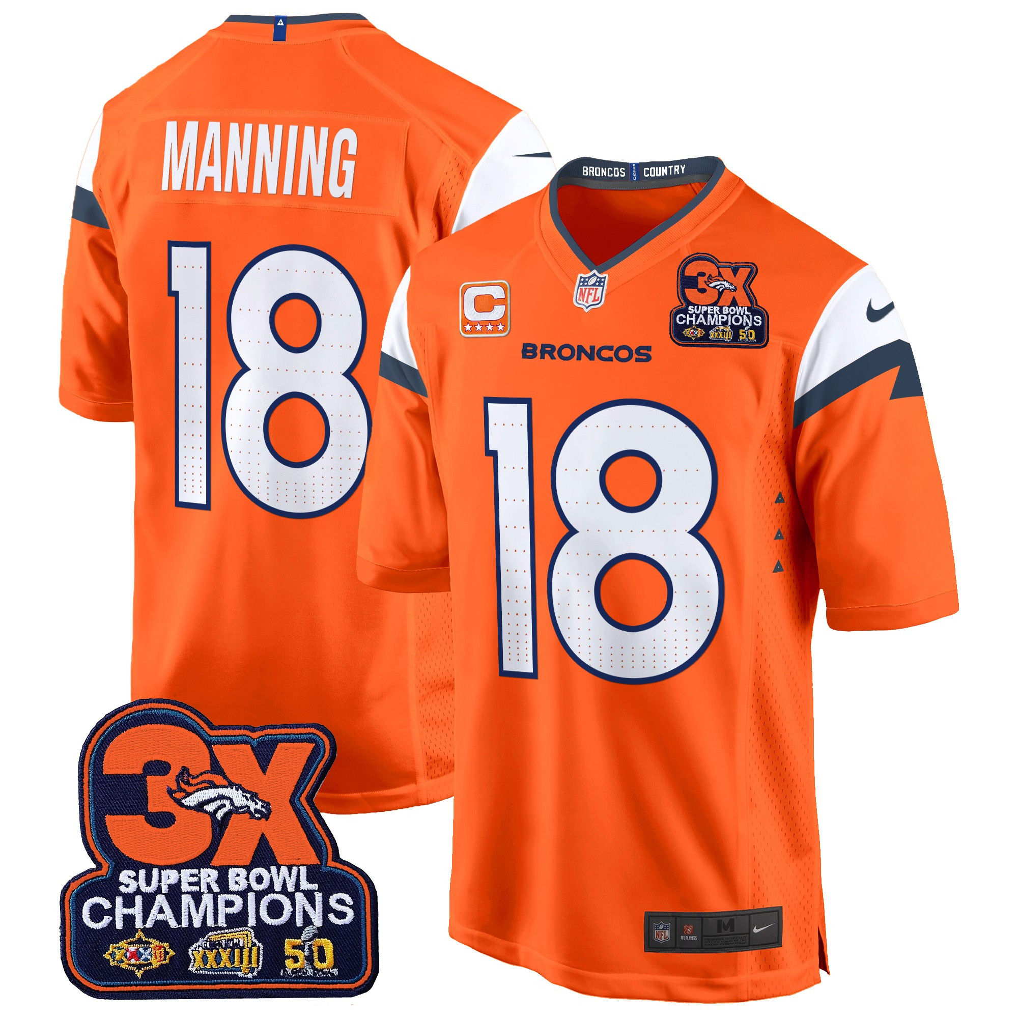 Men's Peyton Manning Denver Broncos 3-Time Champions Patch Game Orange Jersey - All Stitched