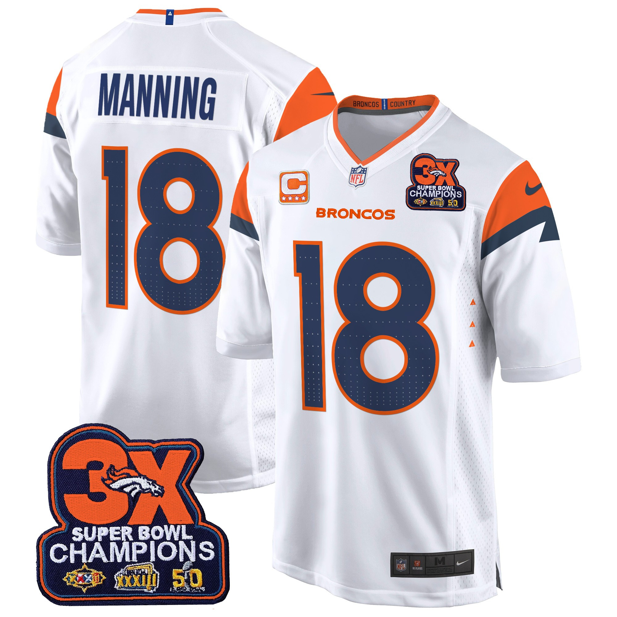Men's Peyton Manning Denver Broncos 3-Time Champions Patch Game White Jersey - All Stitched
