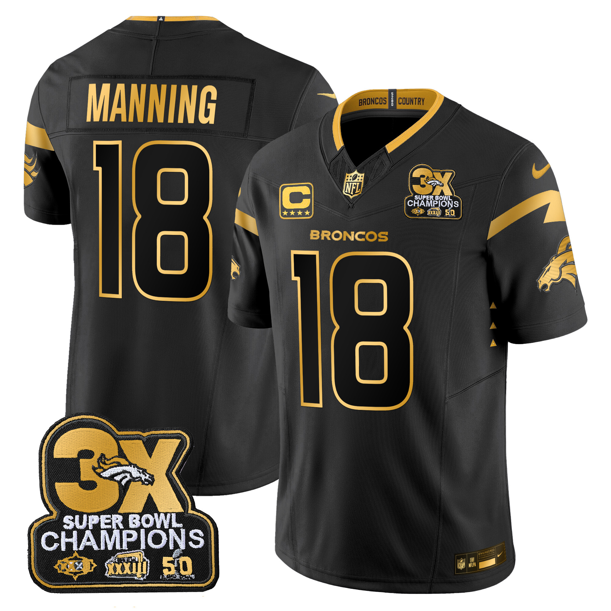 Men's Peyton Manning Denver Broncos 3-Time Champions Patch Gold Vapor Limited Black Gold Jersey - All Stitched