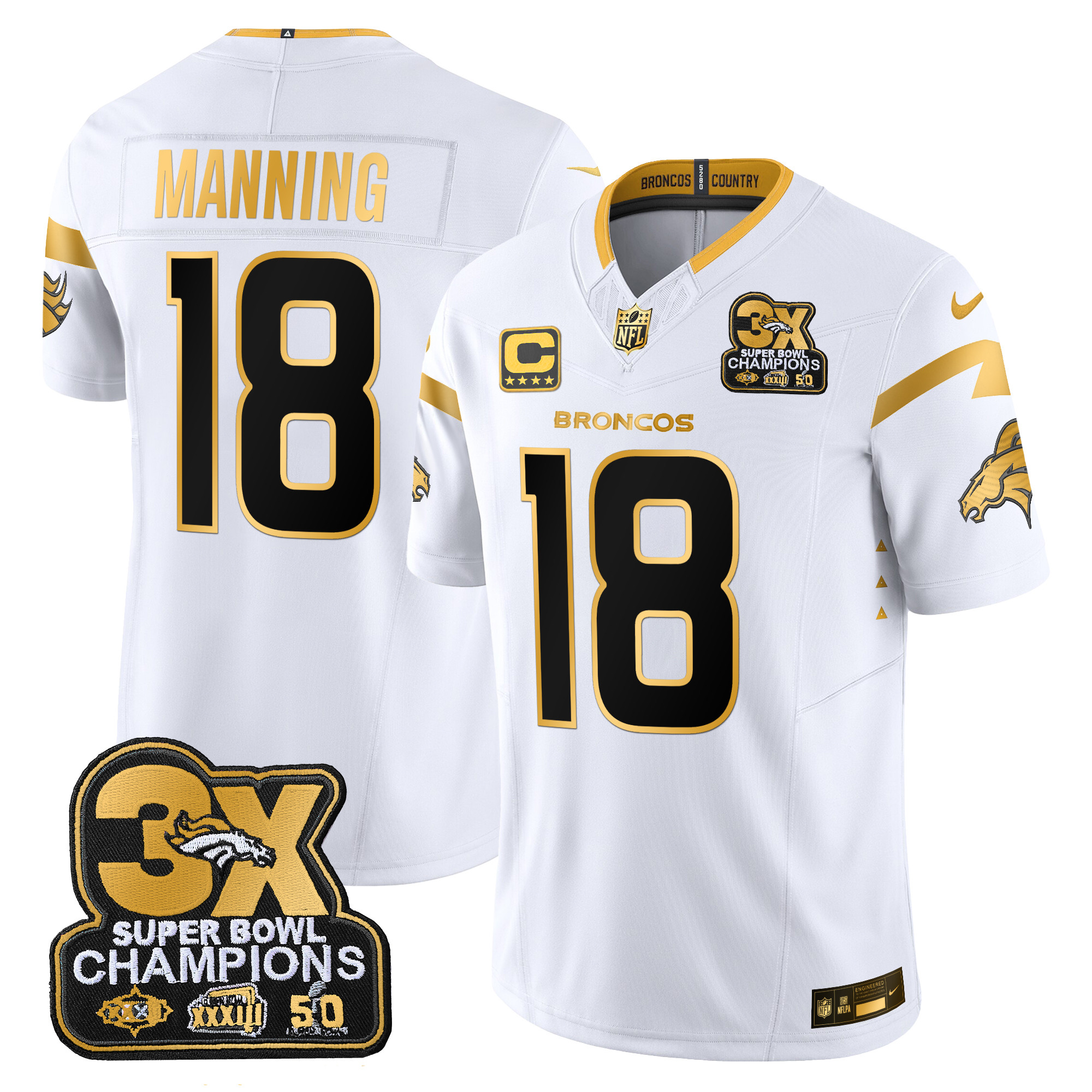 Men's Peyton Manning Denver Broncos 3-Time Champions Patch Gold Vapor Limited White Gold Jersey - All Stitched