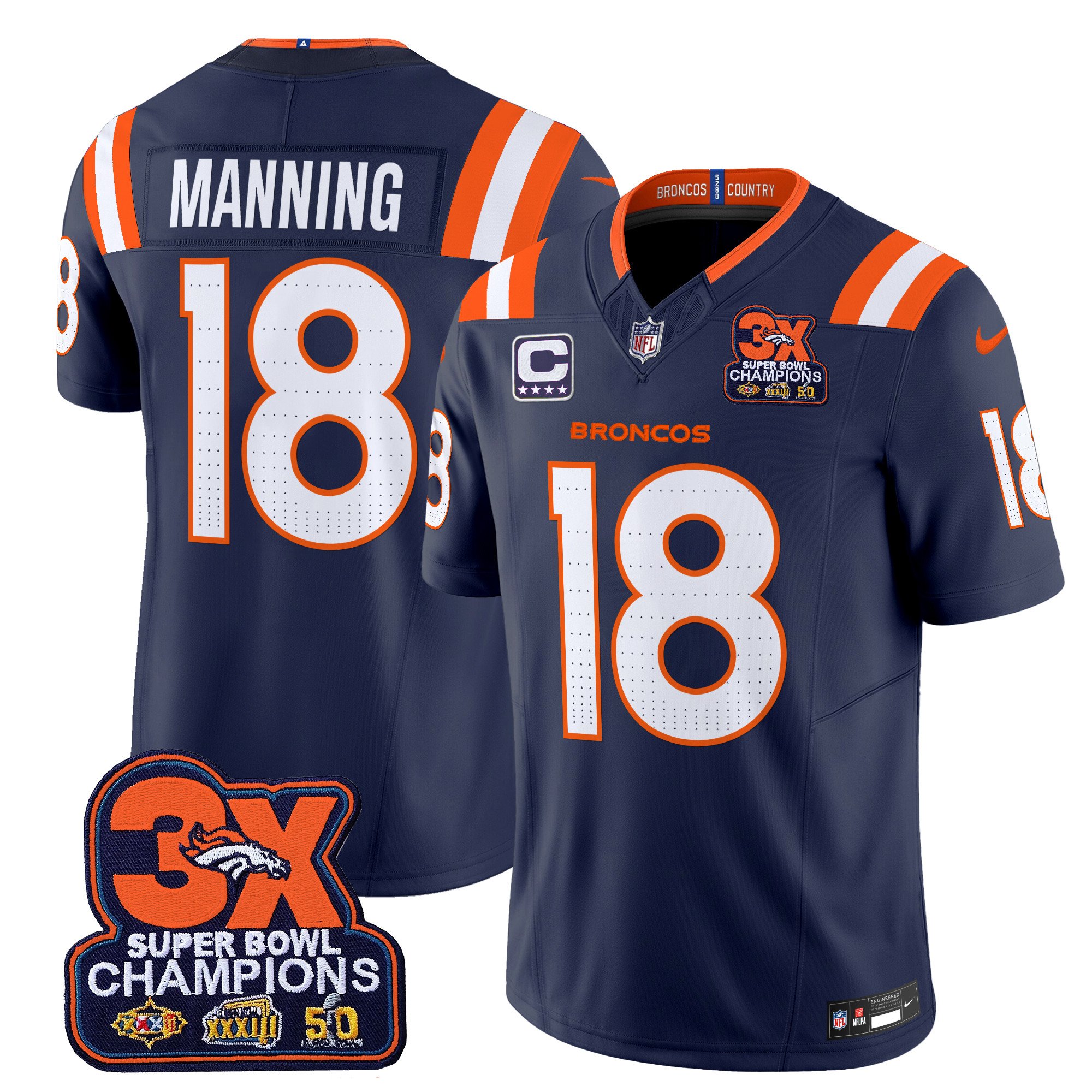 Men's Peyton Manning Denver Broncos 3-Time Champions Patch Vapor Limited Navy Jersey - All Stitched