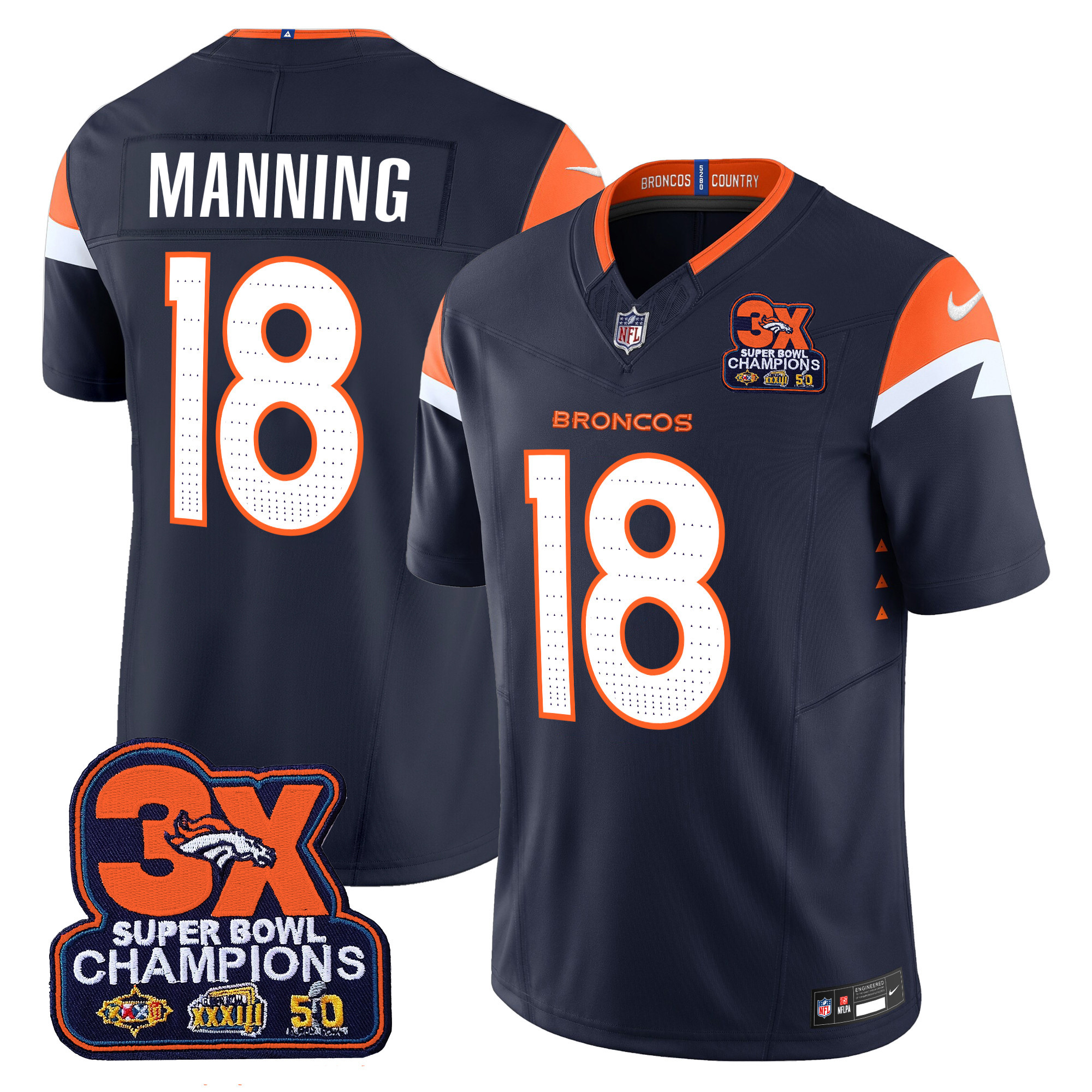 Men's Peyton Manning Denver Broncos 3-Time Champions Patch Vapor Limited Navy Jersey - All Stitched