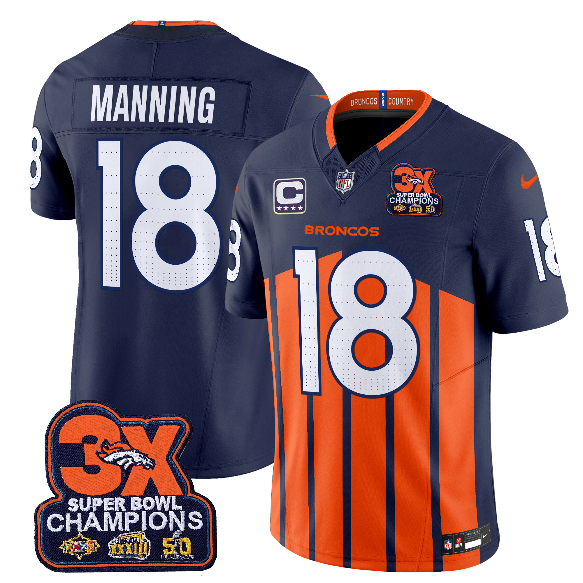 Men's Peyton Manning Denver Broncos 3-Time Champions Patch Vapor Limited Navy Special Jersey - All Stitched