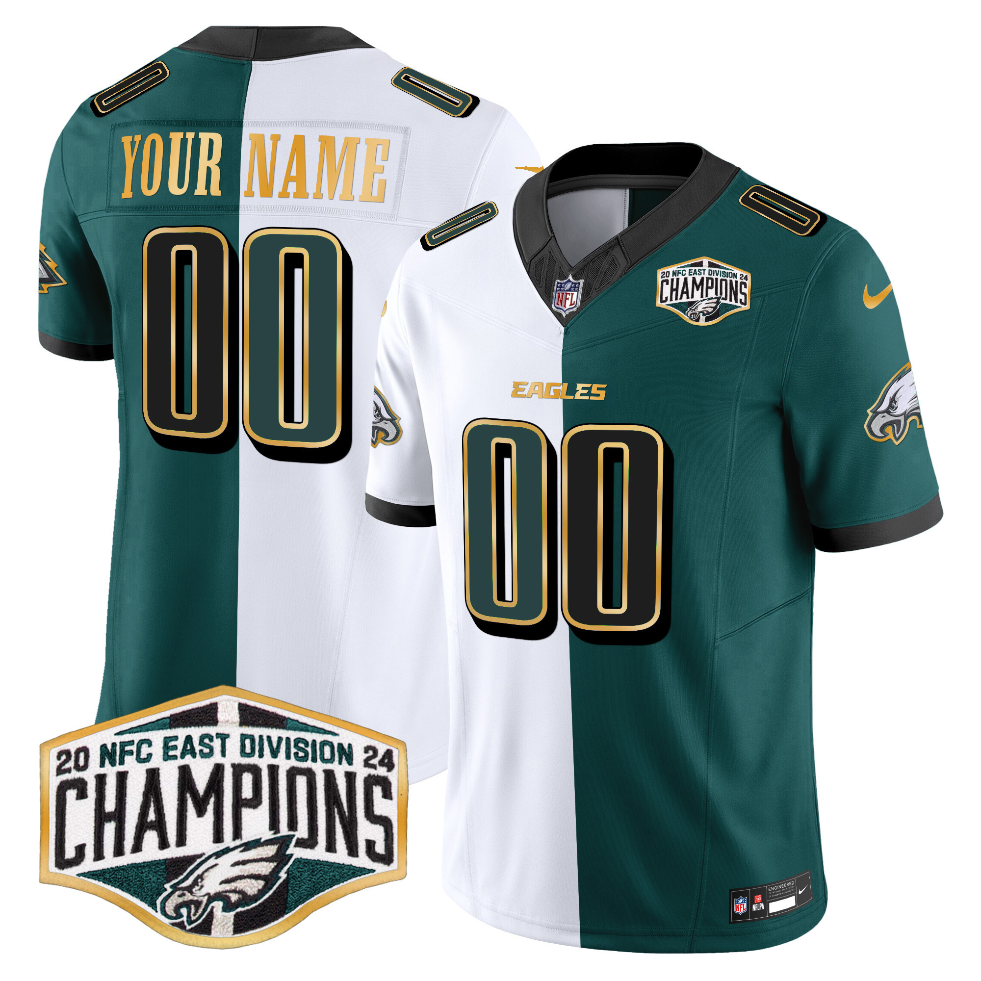 Men's Philadelphia Eagles 2024 NFC East Division Champions Gold Trim Vapor Limited Custom Split Jersey - All Stitched