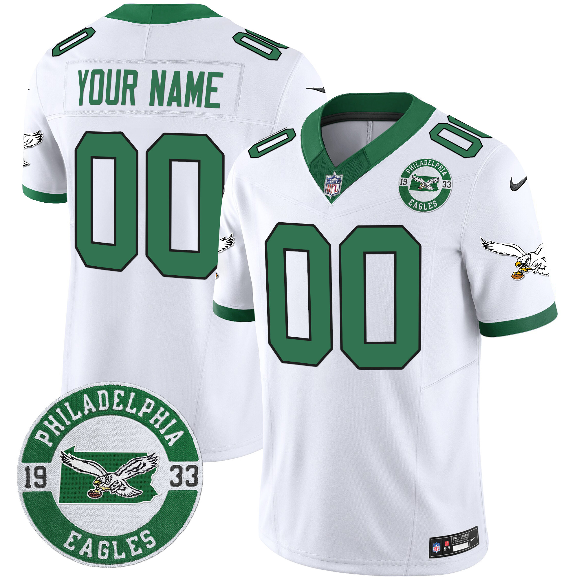 Men's Philadelphia Eagles 2024 Throwback Vapor Limited Custom Kelly White Jersey - All Stitched