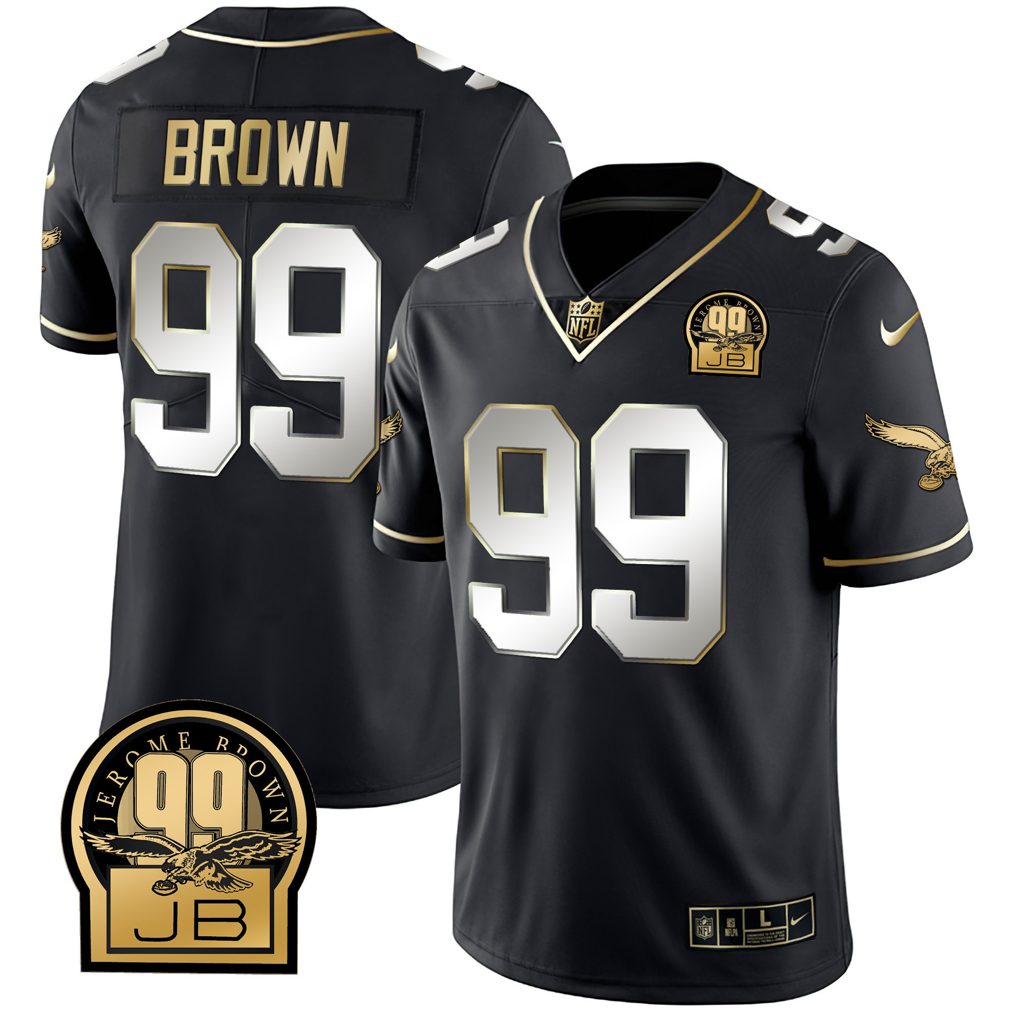 Men's Philadelphia Eagles Jerome Brown Retired Patch Gold & Kelly Black Limited Jersey - All Stitched