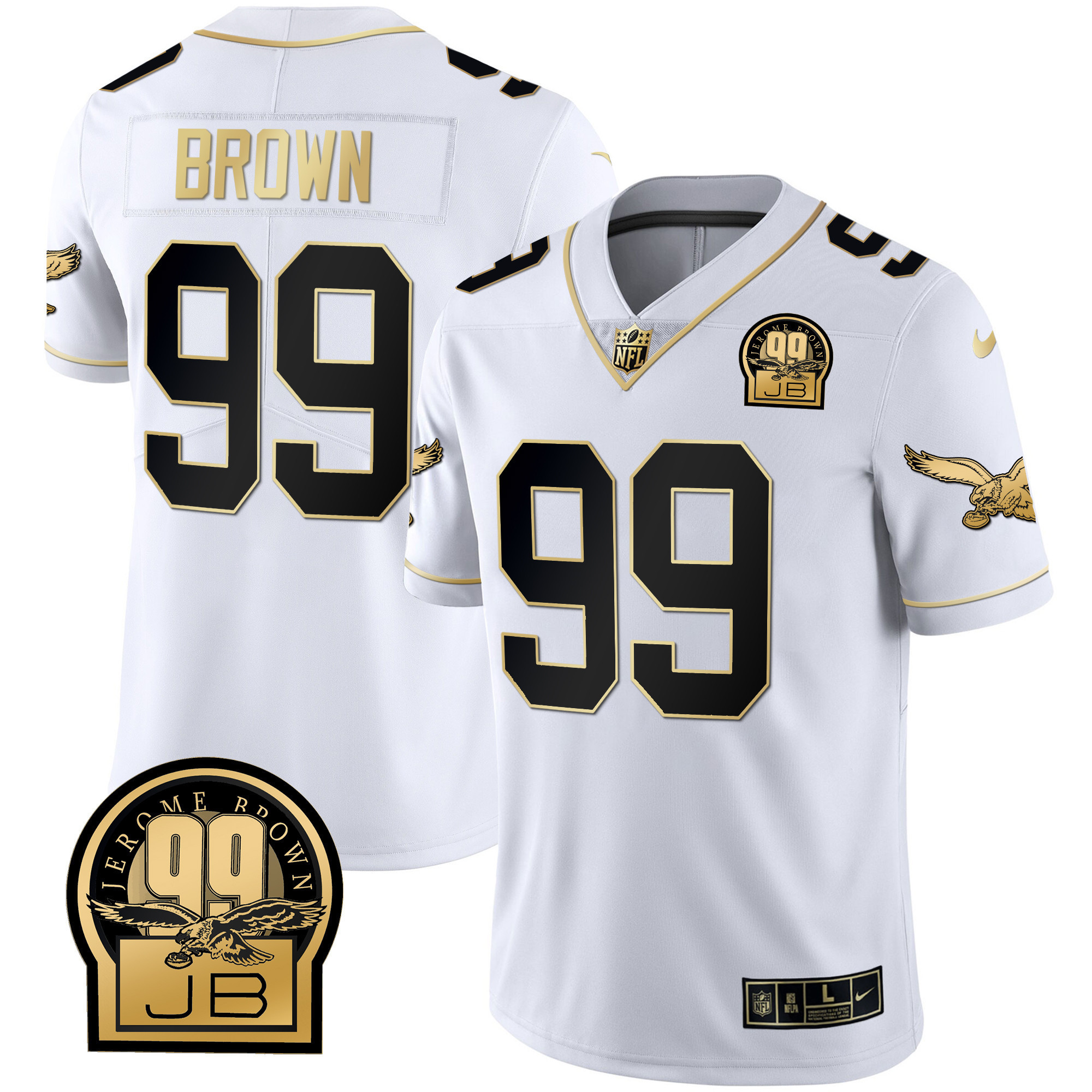 Men's Philadelphia Eagles Jerome Brown Retired Patch Gold & Kelly White Gold Jersey - All Stitched