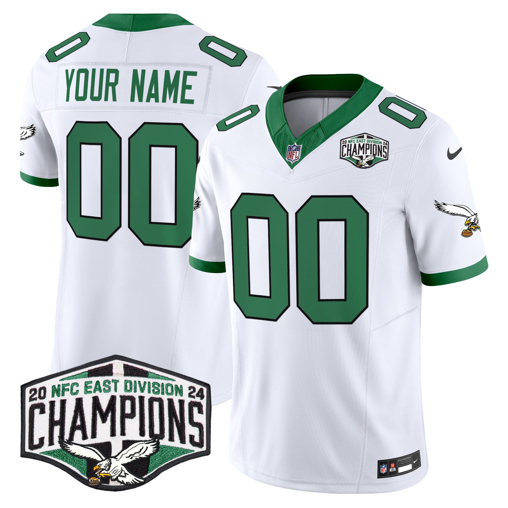 Men's Philadelphia Eagles Kelly Green 2024 NFC East Division Champions Vapor Limited Custom Kelly White Jersey - All Stitched