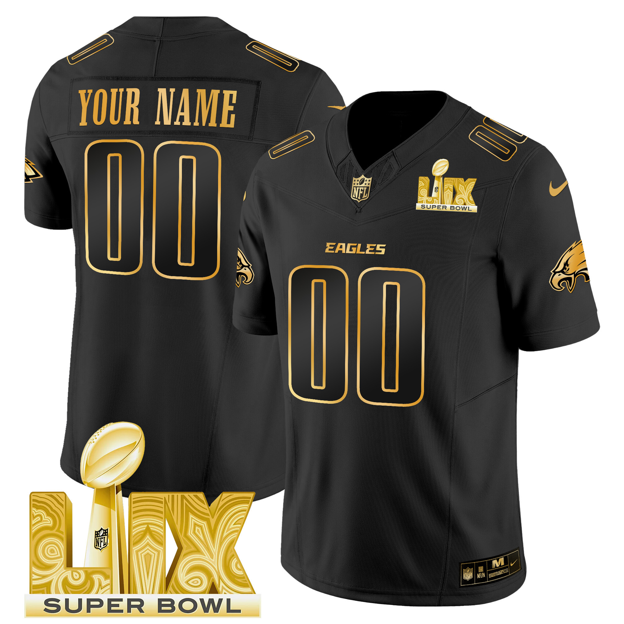 Men's Philadelphia Eagles Super Bowl LIX Patch Gold Vapor Limited Custom Black Gold Jersey - All Stitched