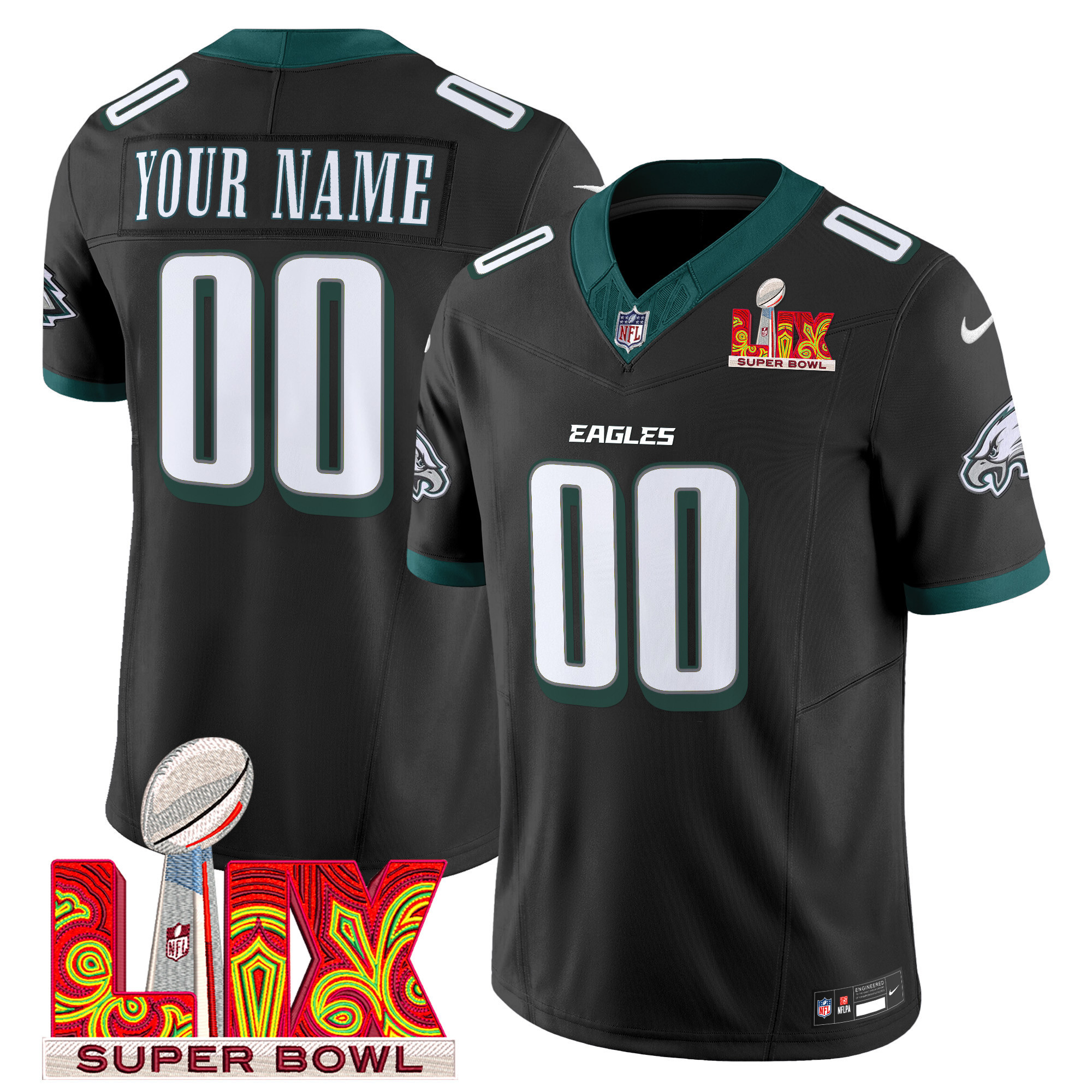 Men's Philadelphia Eagles Super Bowl LIX Patch Vapor Limited Custom Black Jersey - All Stitched