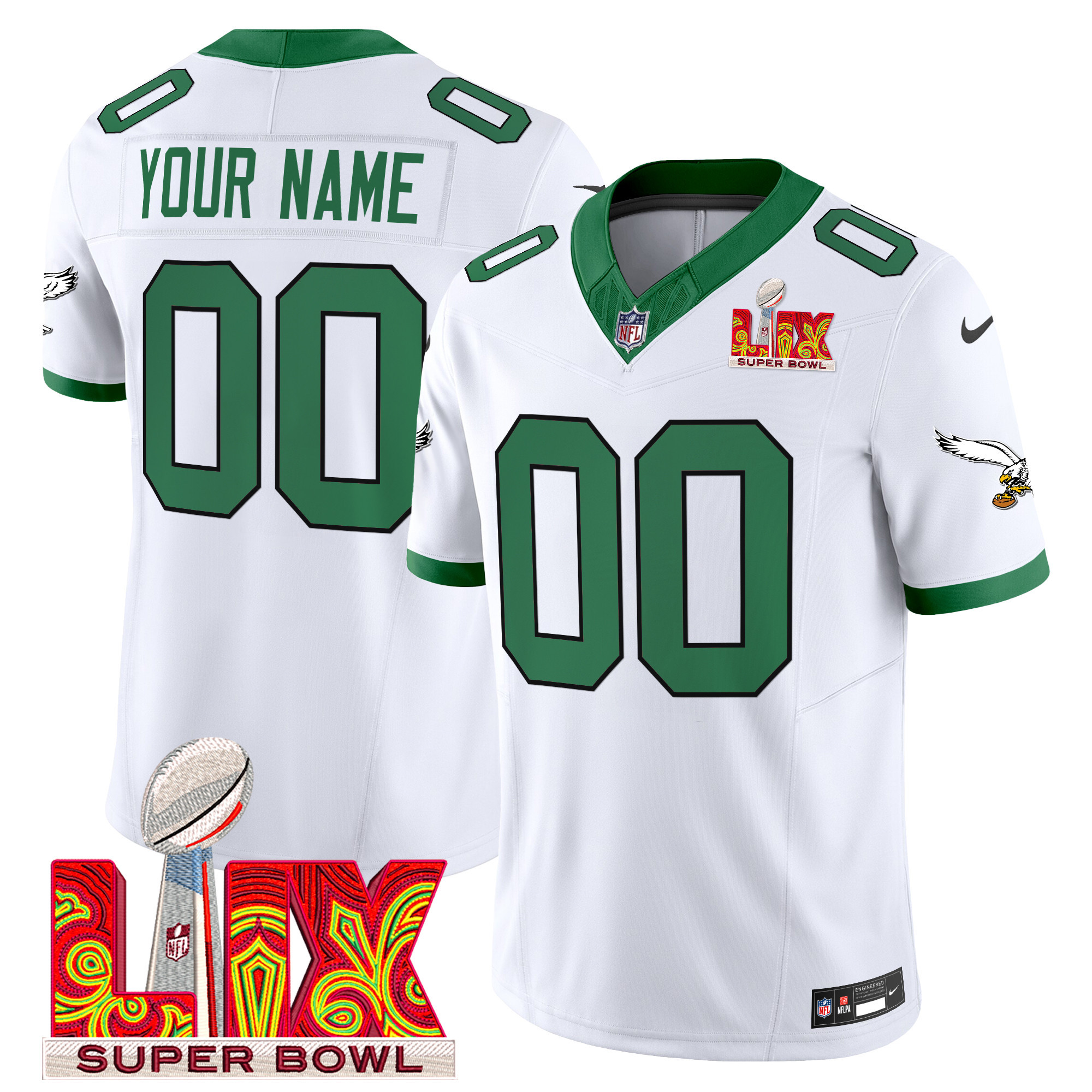Men's Philadelphia Eagles Super Bowl LIX Patch Vapor Limited Custom Kelly White Jersey - All Stitched