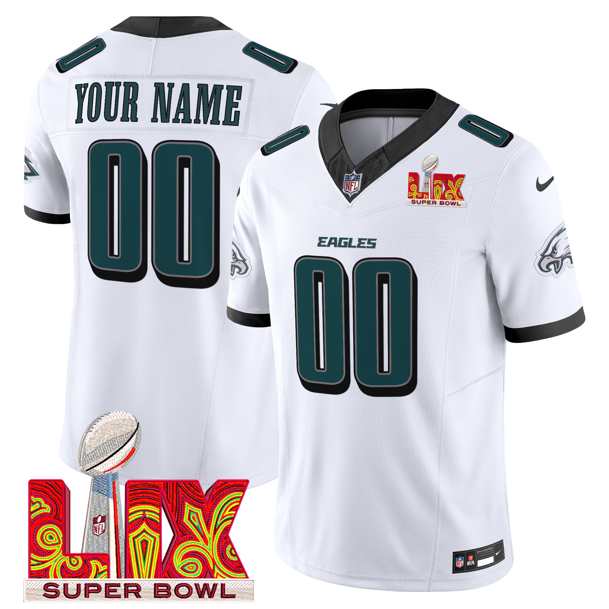 Men's Philadelphia Eagles Super Bowl LIX Patch Vapor Limited Custom White Jersey - All Stitched