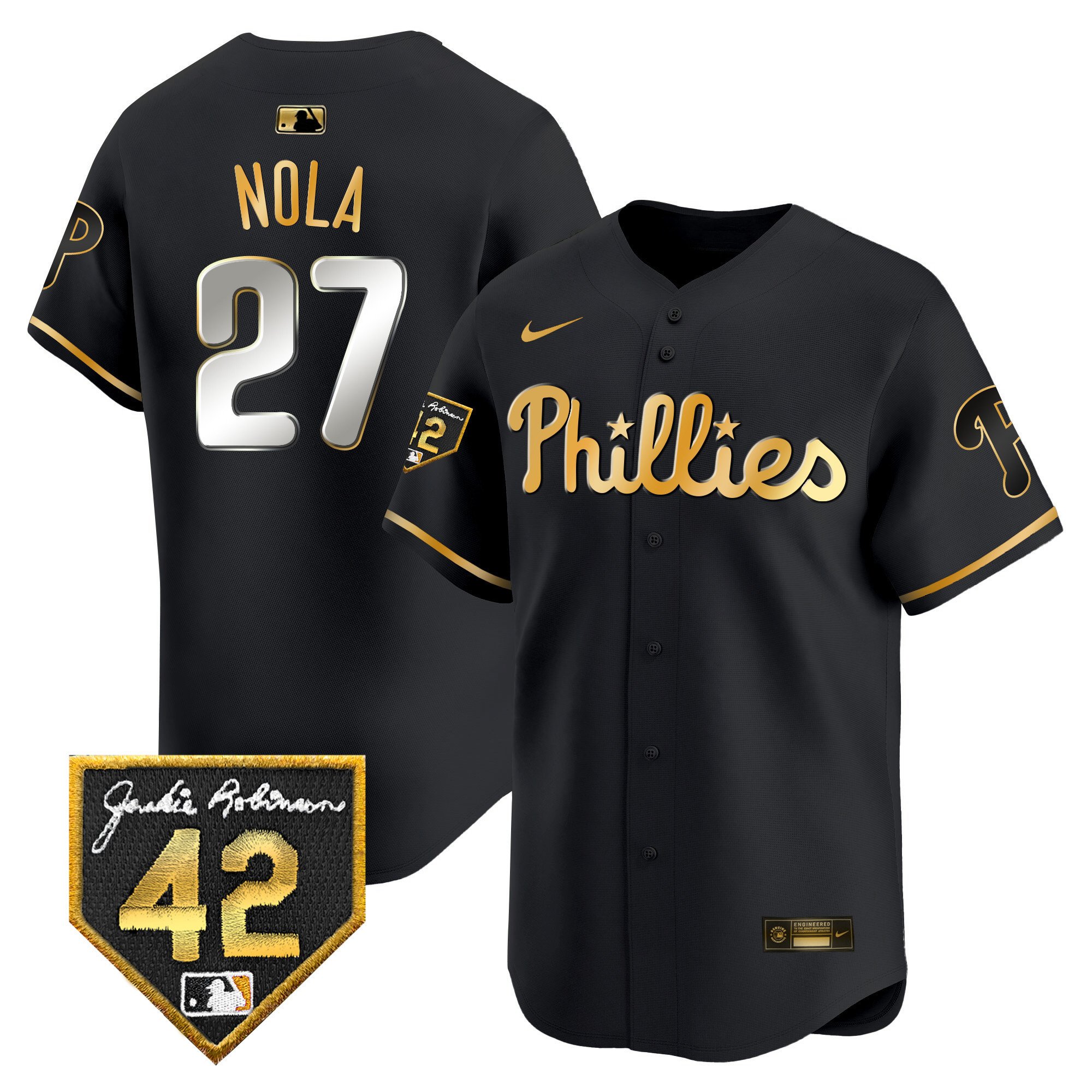 Men's Philadelphia Phillies Aaron Nola 2024 Jackie Robinson Patch Vapor Premier Limited Black Gold Jersey