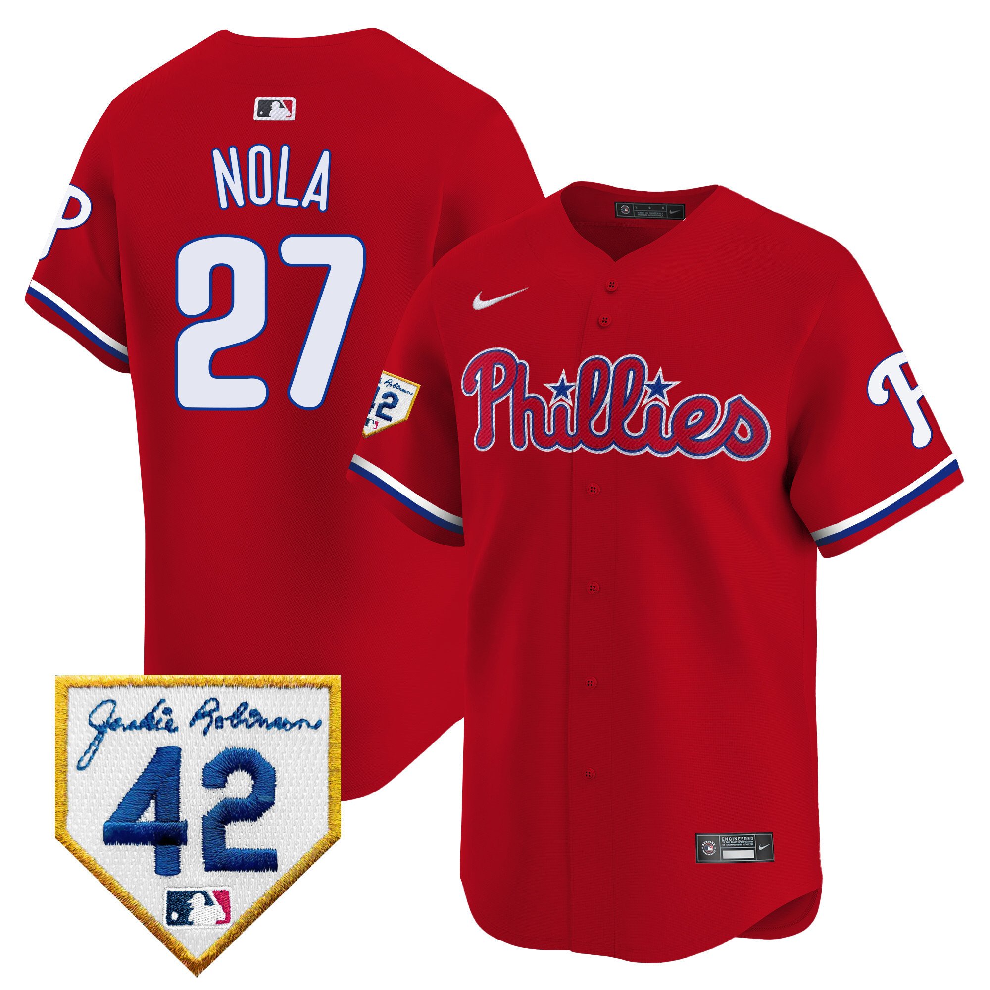 Men's Philadelphia Phillies Aaron Nola 2024 Jackie Robinson Patch Vapor Premier Limited Red Jersey