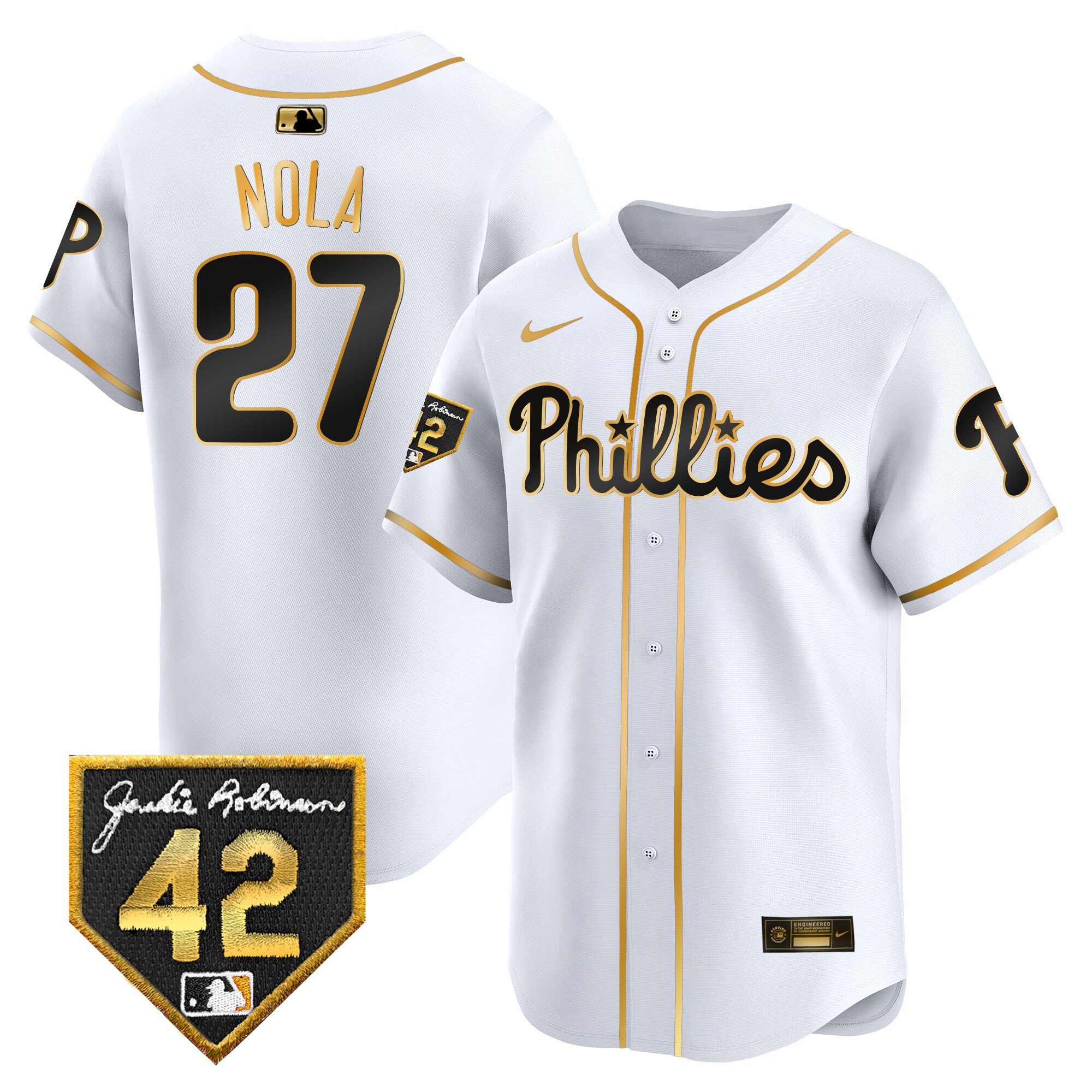 Men's Philadelphia Phillies Aaron Nola 2024 Jackie Robinson Patch Vapor Premier Limited White Gold Jersey