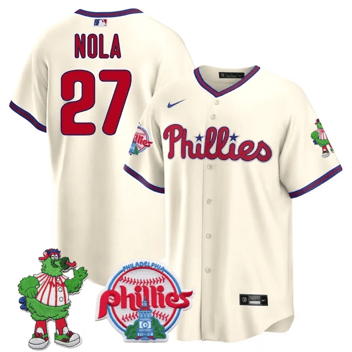 Men's Philadelphia Phillies Aaron Nola Phillie Phanatic Patch Cream Jersey