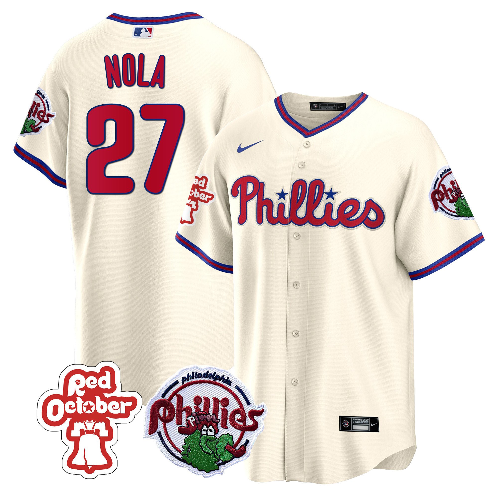 Men's Philadelphia Phillies Aaron Nola Red October Patch Cream Jersey