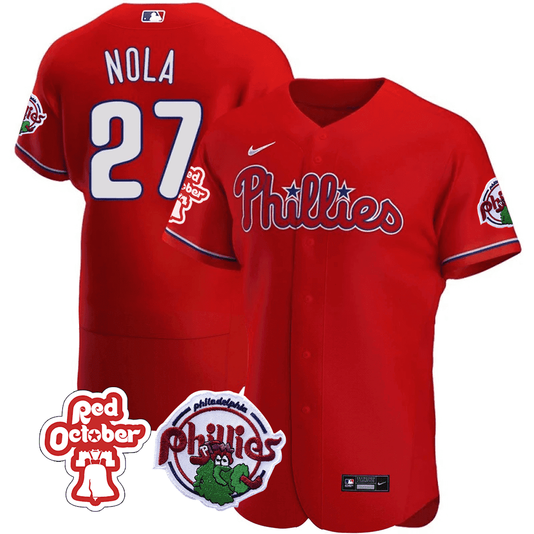 Men's Philadelphia Phillies Aaron Nola Red October Patch Flex Red Jersey