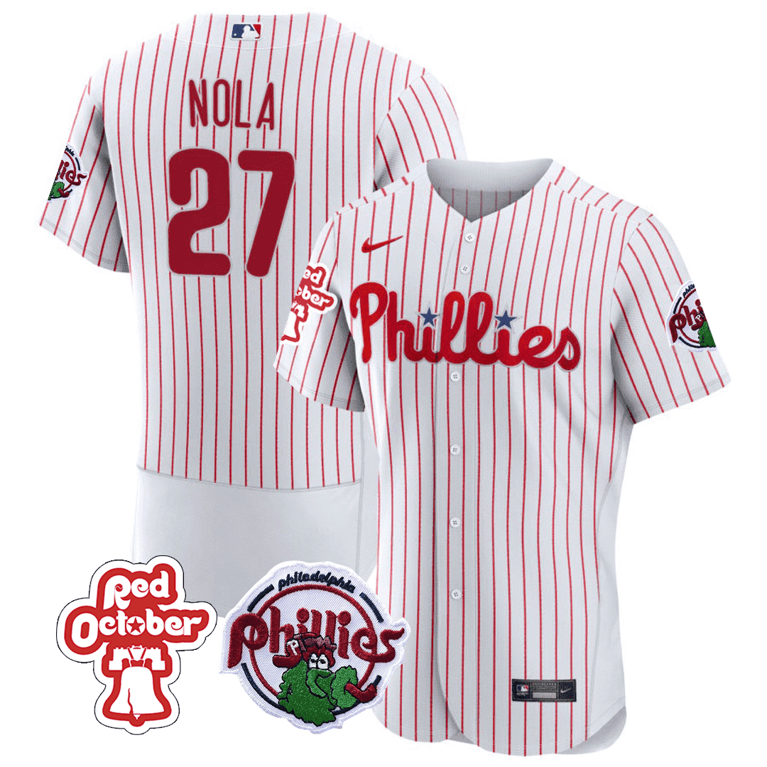 Men's Philadelphia Phillies Aaron Nola Red October Patch Flex White Jersey
