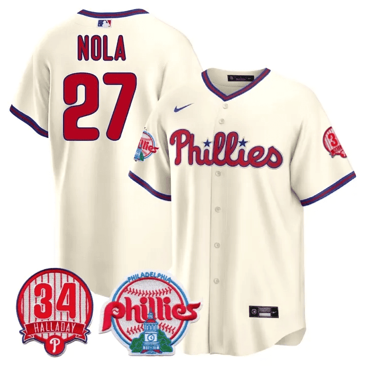 Men's Philadelphia Phillies Aaron Nola Roy Halladay Patch #34 Cream Jersey