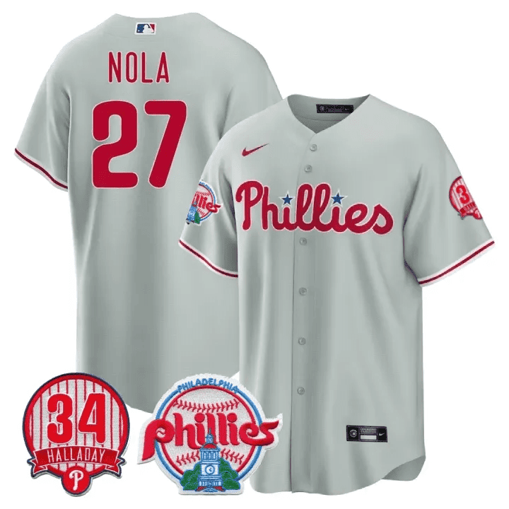 Men's Philadelphia Phillies Aaron Nola Roy Halladay Patch #34 Gray Jersey