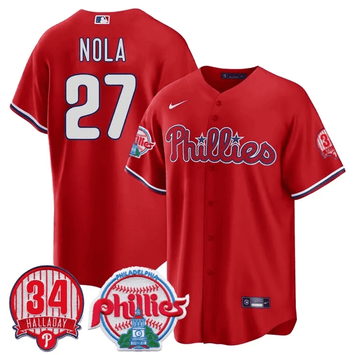 Men's Philadelphia Phillies Aaron Nola Roy Halladay Patch #34 Red Jersey