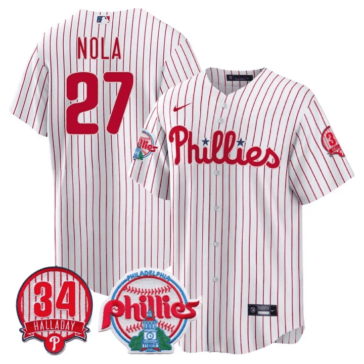 Men's Philadelphia Phillies Aaron Nola Roy Halladay Patch #34 White Jersey