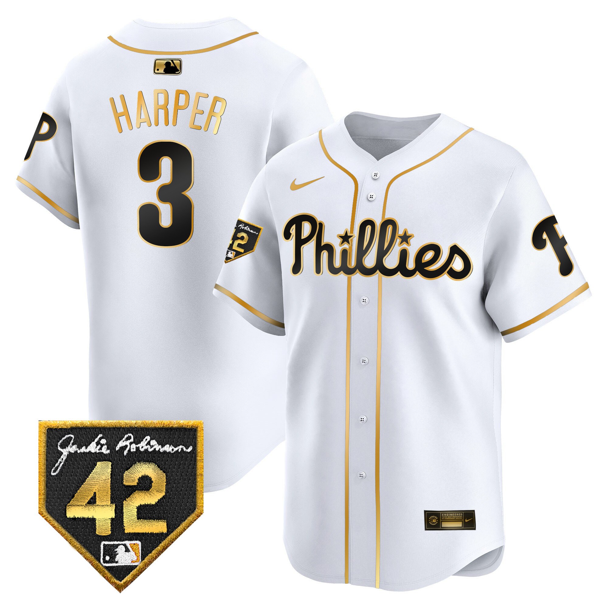 Men's Philadelphia Phillies Bryce Harper 2024 Jackie Robinson Patch Vapor Premier Limited White Gold Jersey