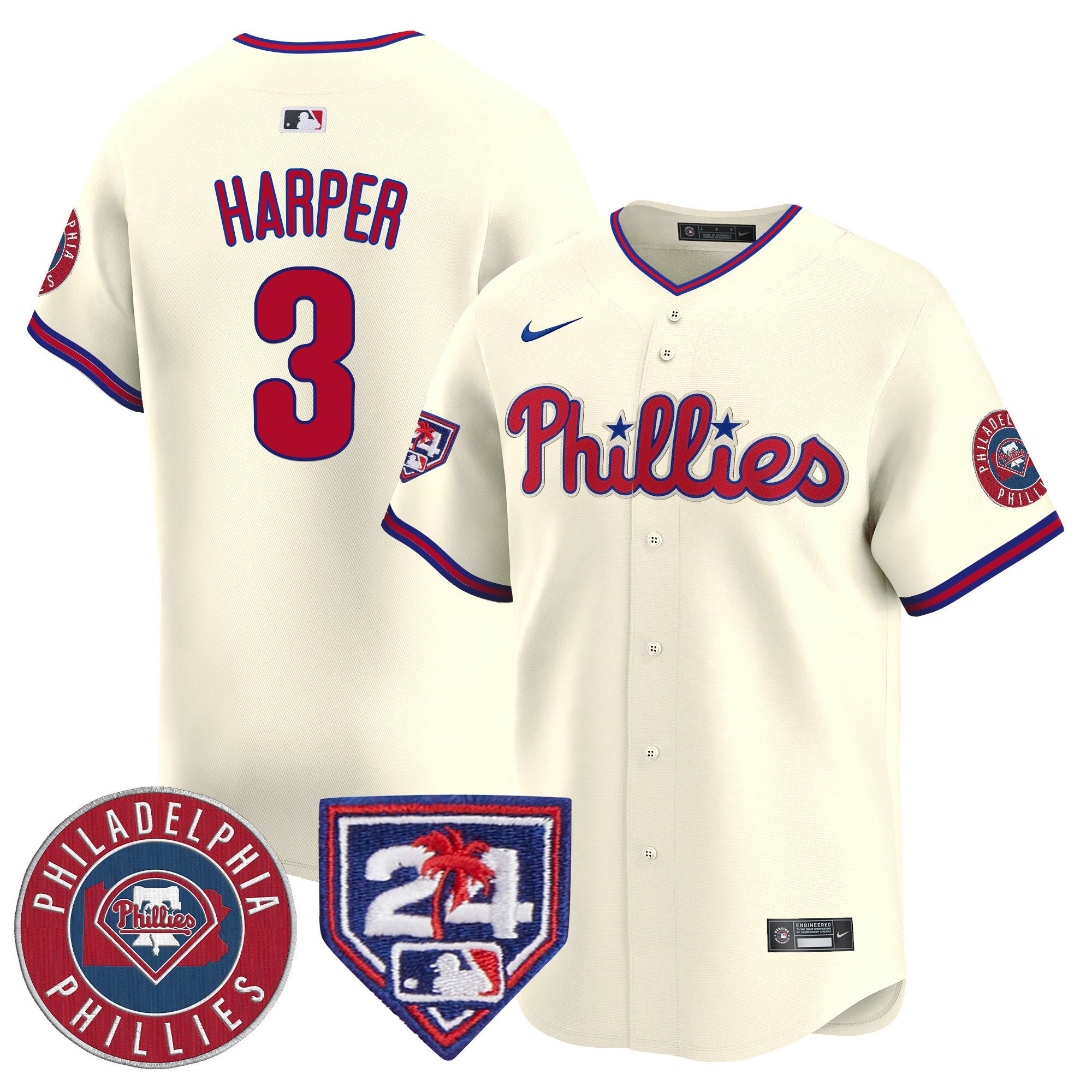 Men's Philadelphia Phillies Bryce Harper 2024 Spring Training Patch Vapor Premier Limited Cream Jersey