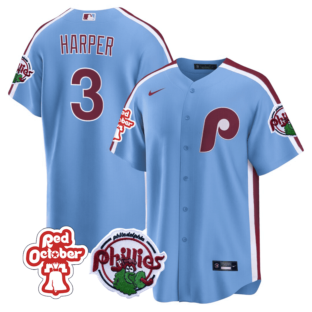 Men's Philadelphia Phillies Bryce Harper Red October Patch Blue Jersey