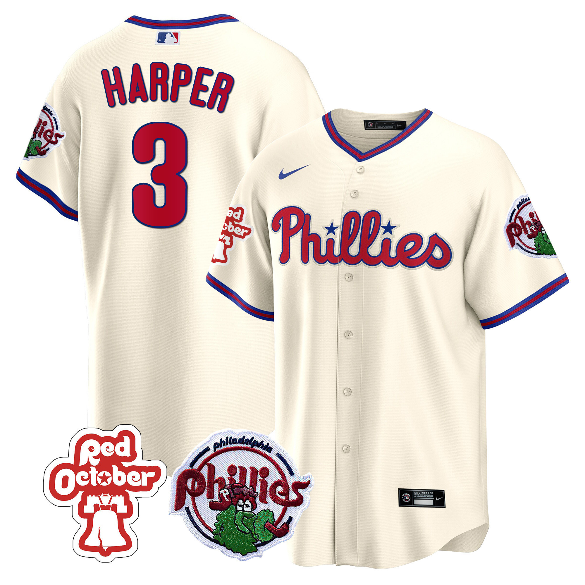 Men's Philadelphia Phillies Bryce Harper Red October Patch Cream Jersey