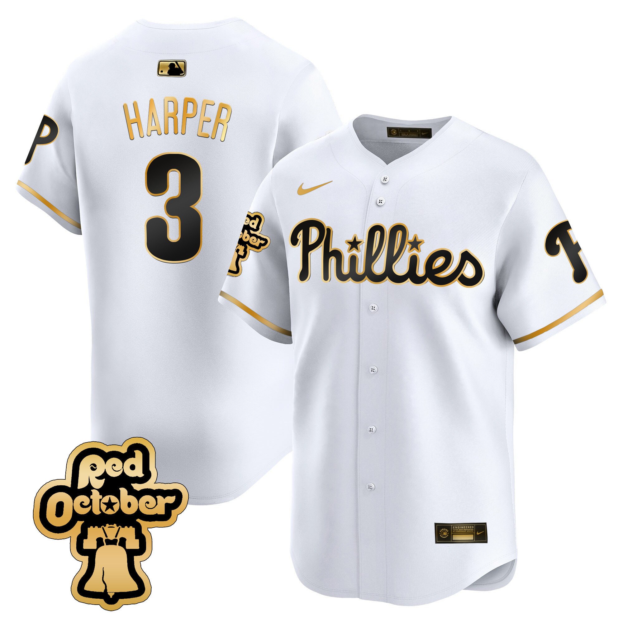 Men's Philadelphia Phillies Bryce Harper Red Octorber Patch Vapor Premier Limited White Gold Jersey