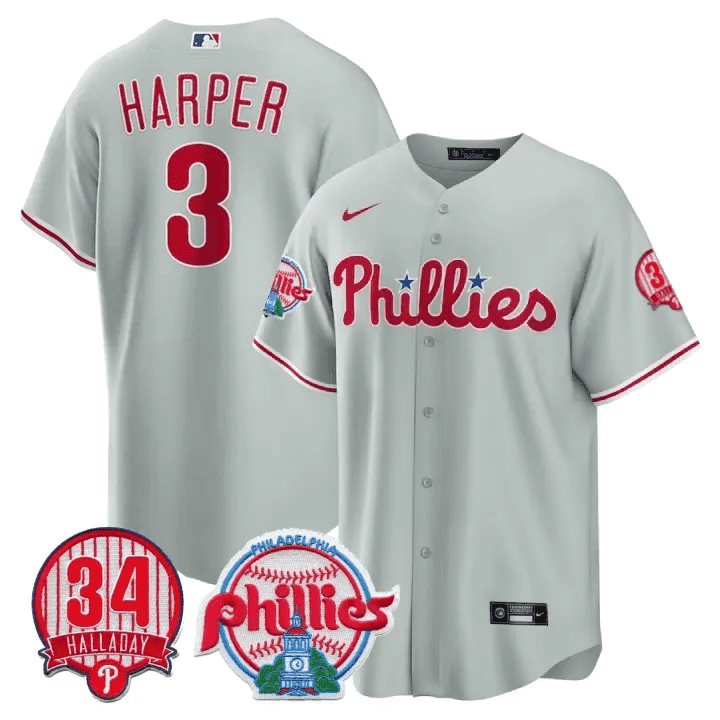 Men's Philadelphia Phillies Bryce Harper Roy Halladay Patch #34 Gray Jersey
