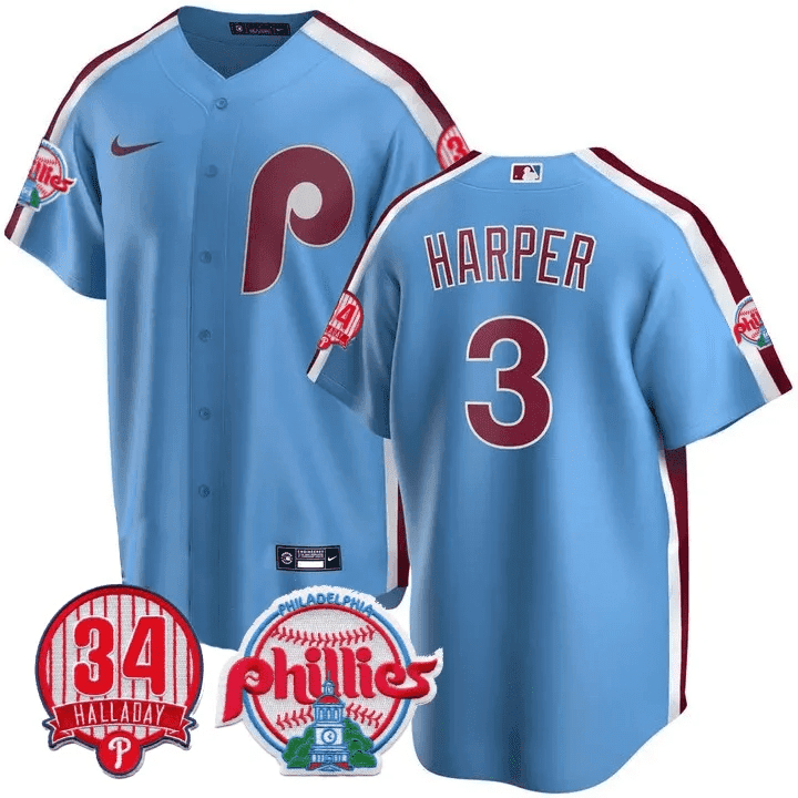 Men's Philadelphia Phillies Bryce Harper Roy Halladay Patch #34 Powder Blue Jersey