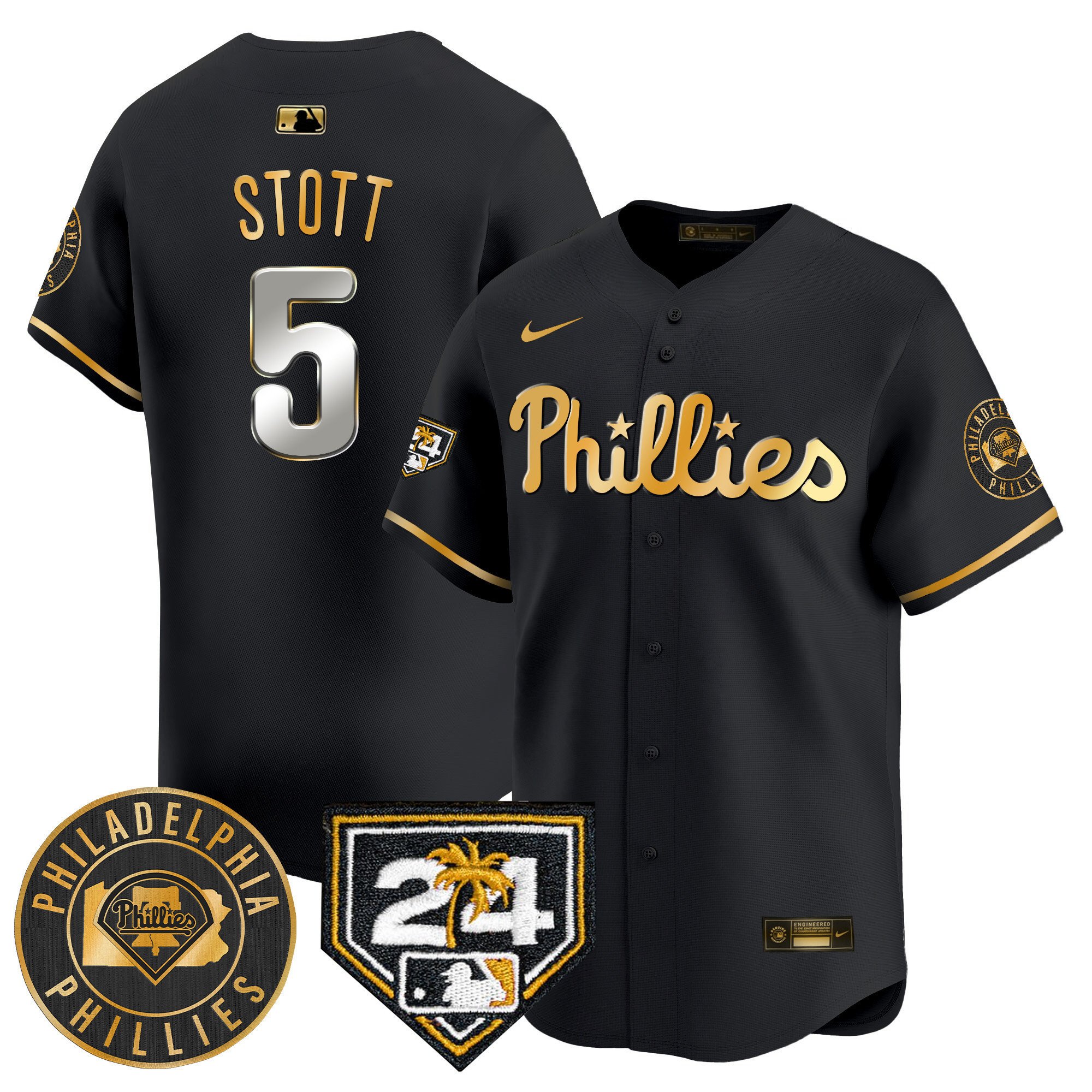 Men's Philadelphia Phillies Bryson Stott 2024 Spring Training Patch Vapor Premier Limited Black Gold Jersey