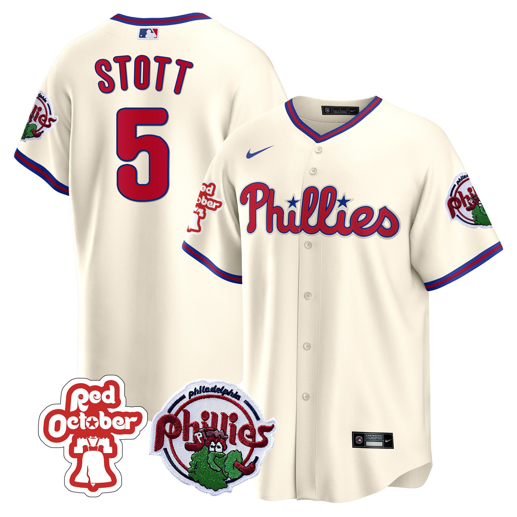 Men's Philadelphia Phillies Bryson Stott Red October Patch Cream Jersey