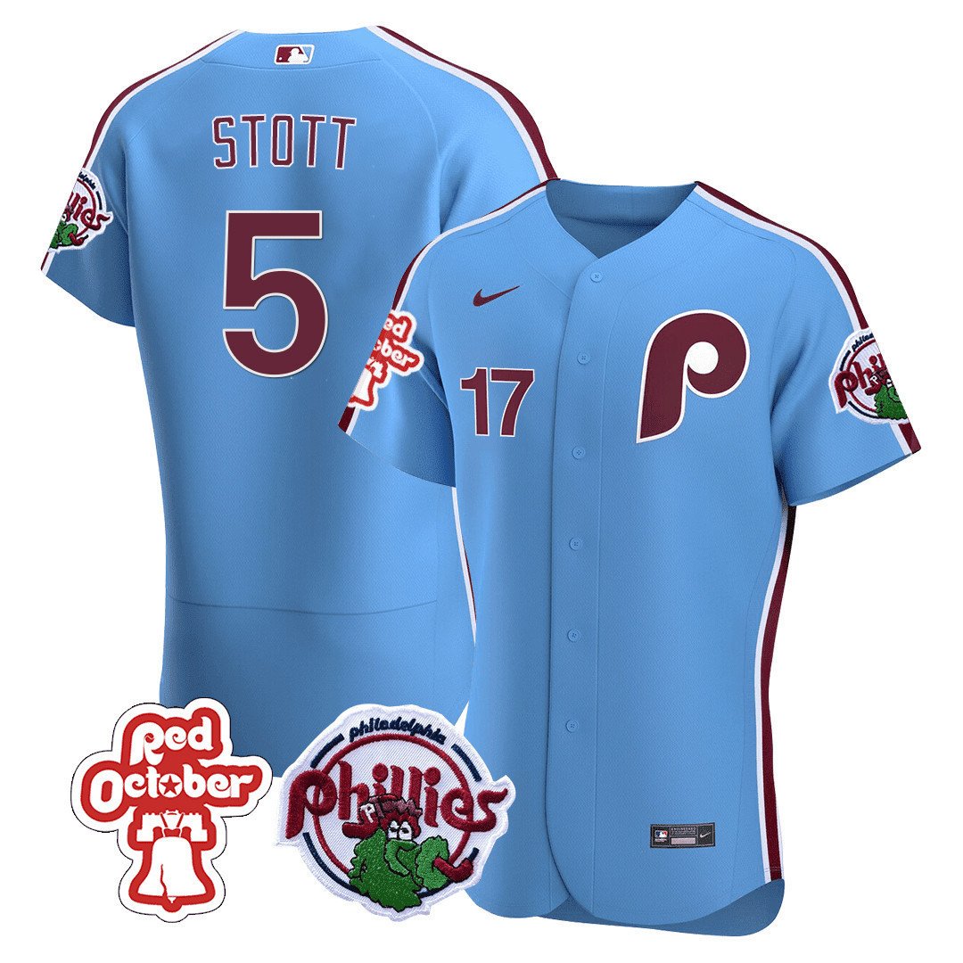 Men's Philadelphia Phillies Bryson Stott Red October Patch Flex Blue Jersey