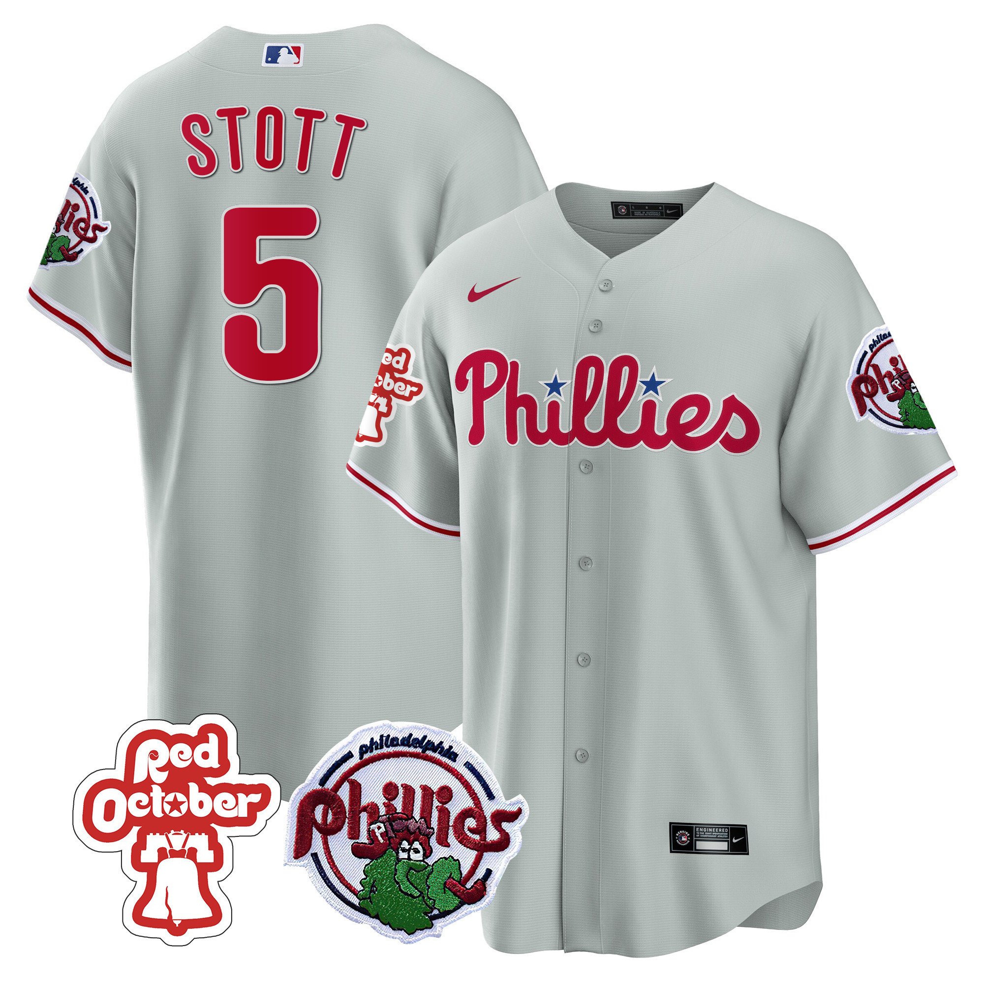 Men's Philadelphia Phillies Bryson Stott Red October Patch Gray Jersey