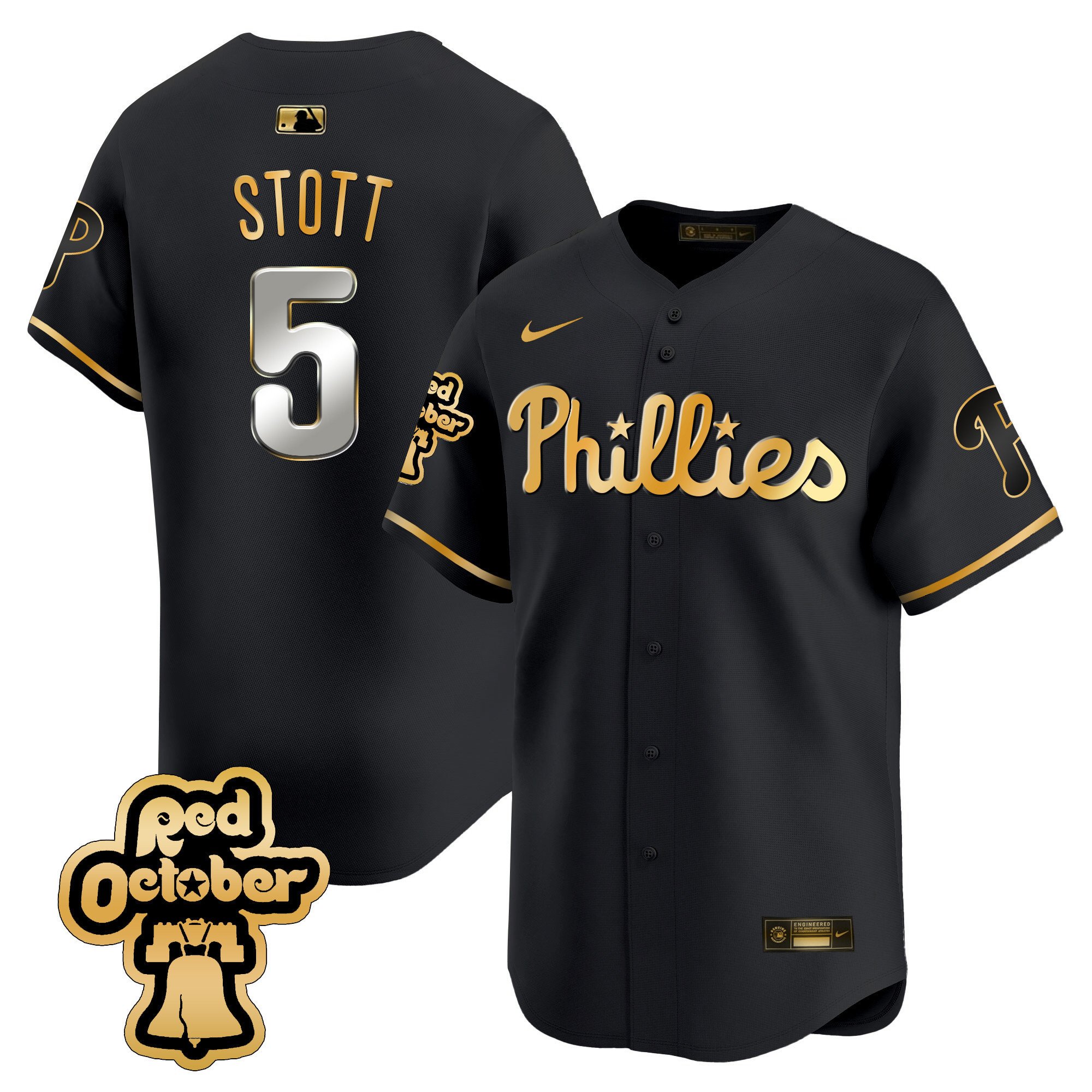 Men's Philadelphia Phillies Bryson Stott Red Octorber Patch Vapor Premier Limited Black Gold Jersey