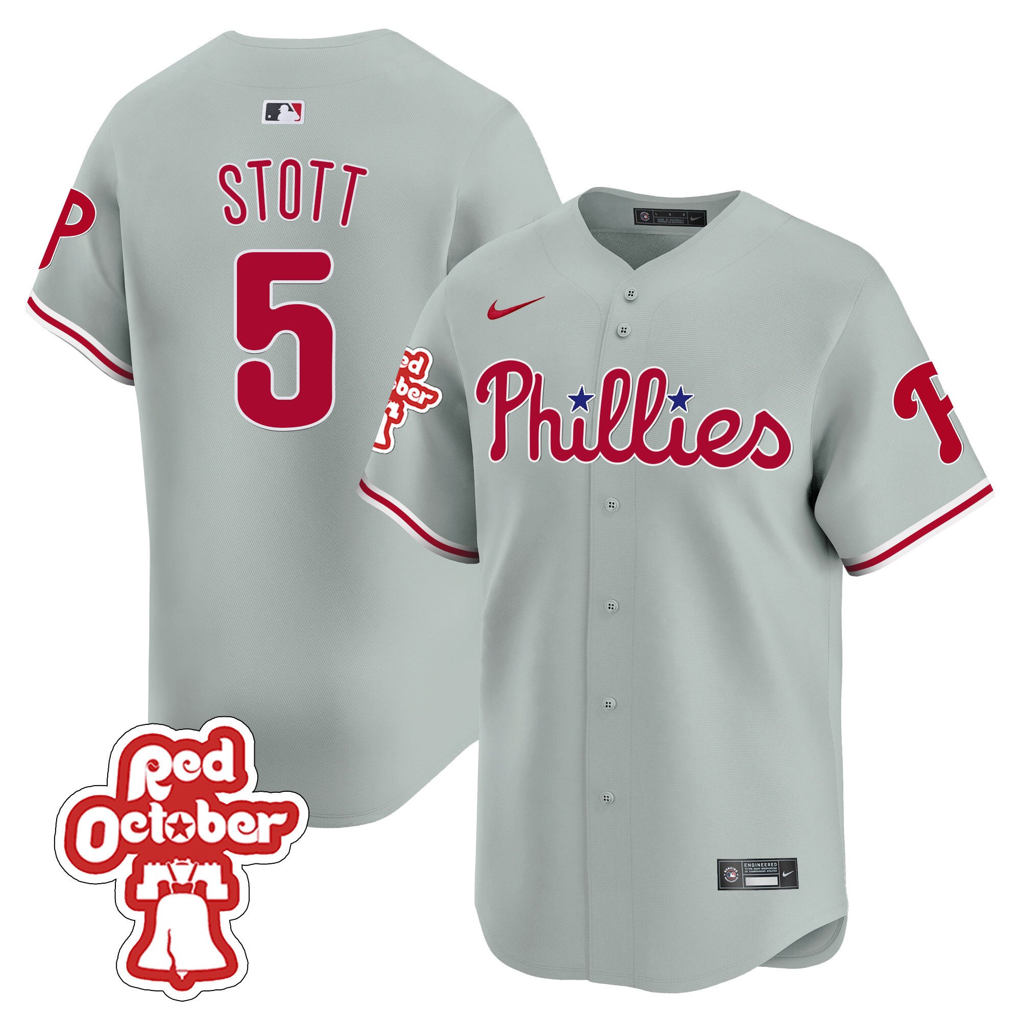 Men's Philadelphia Phillies Bryson Stott Red Octorber Patch Vapor Premier Limited Gray Road Jersey