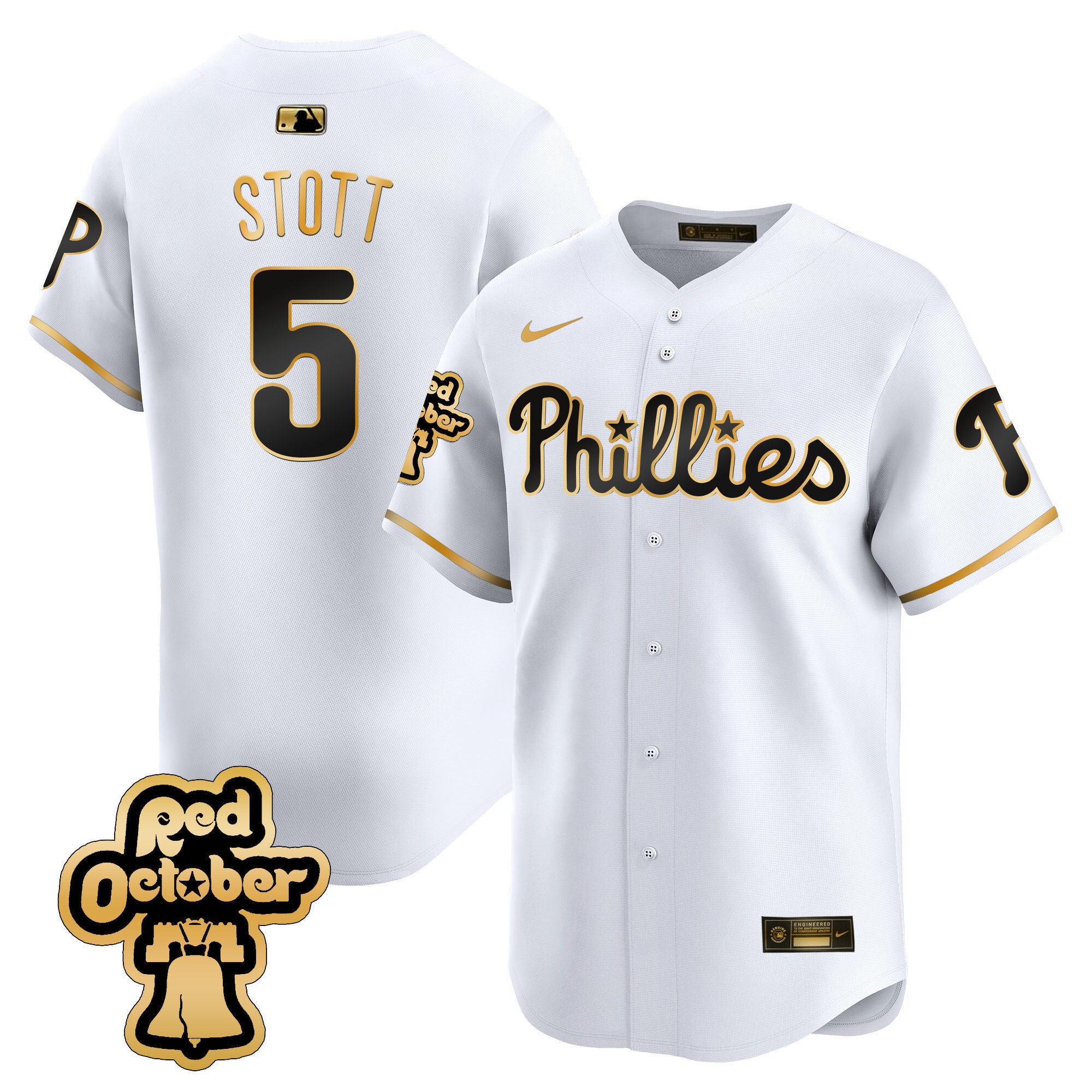 Men's Philadelphia Phillies Bryson Stott Red Octorber Patch Vapor Premier Limited White Gold Jersey