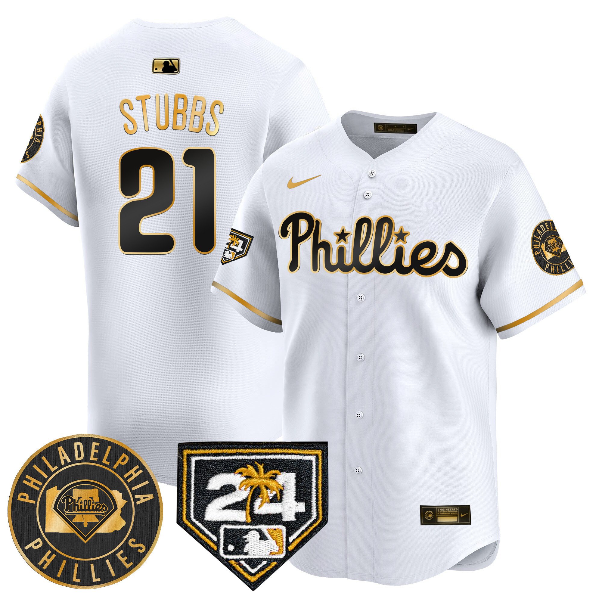 Men's Philadelphia Phillies Garrett Stubbs 2024 Spring Training Patch Vapor Premier Limited White Gold Jersey