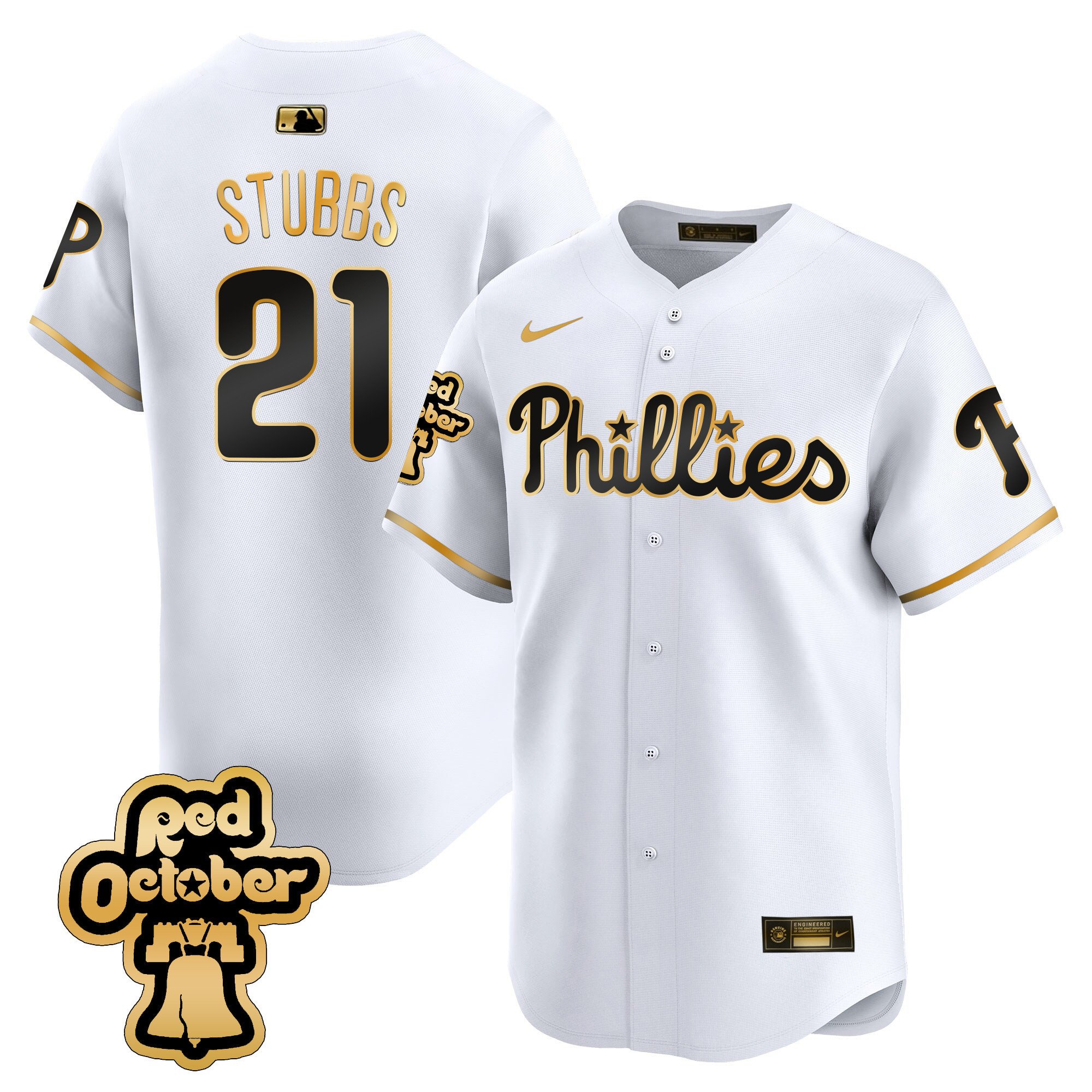 Men's Philadelphia Phillies Garrett Stubbs Red Octorber Patch Vapor Premier Limited White Gold Jersey
