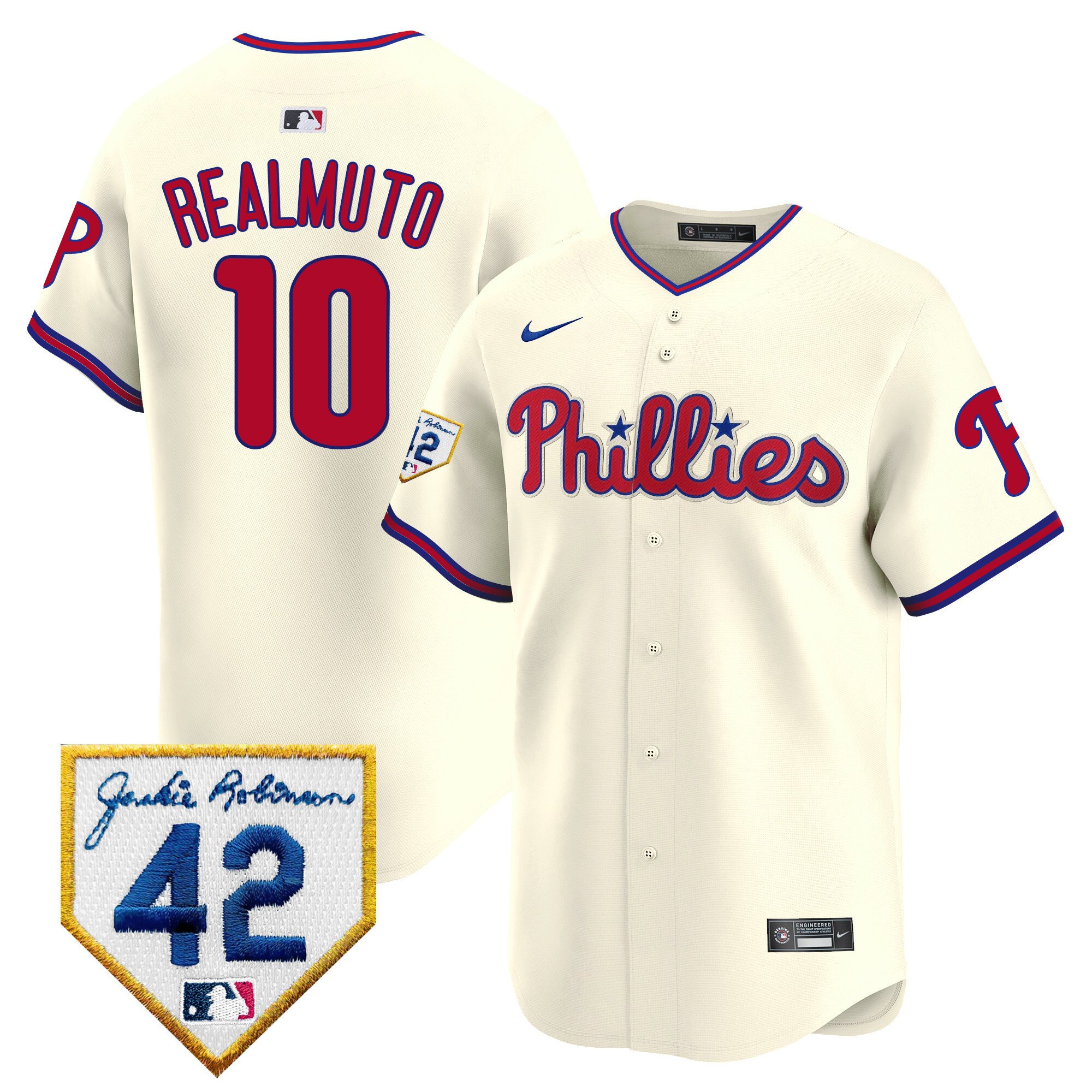 Men's Philadelphia Phillies J.T. Realmuto 2024 Jackie Robinson Patch Vapor Premier Limited Cream Jersey