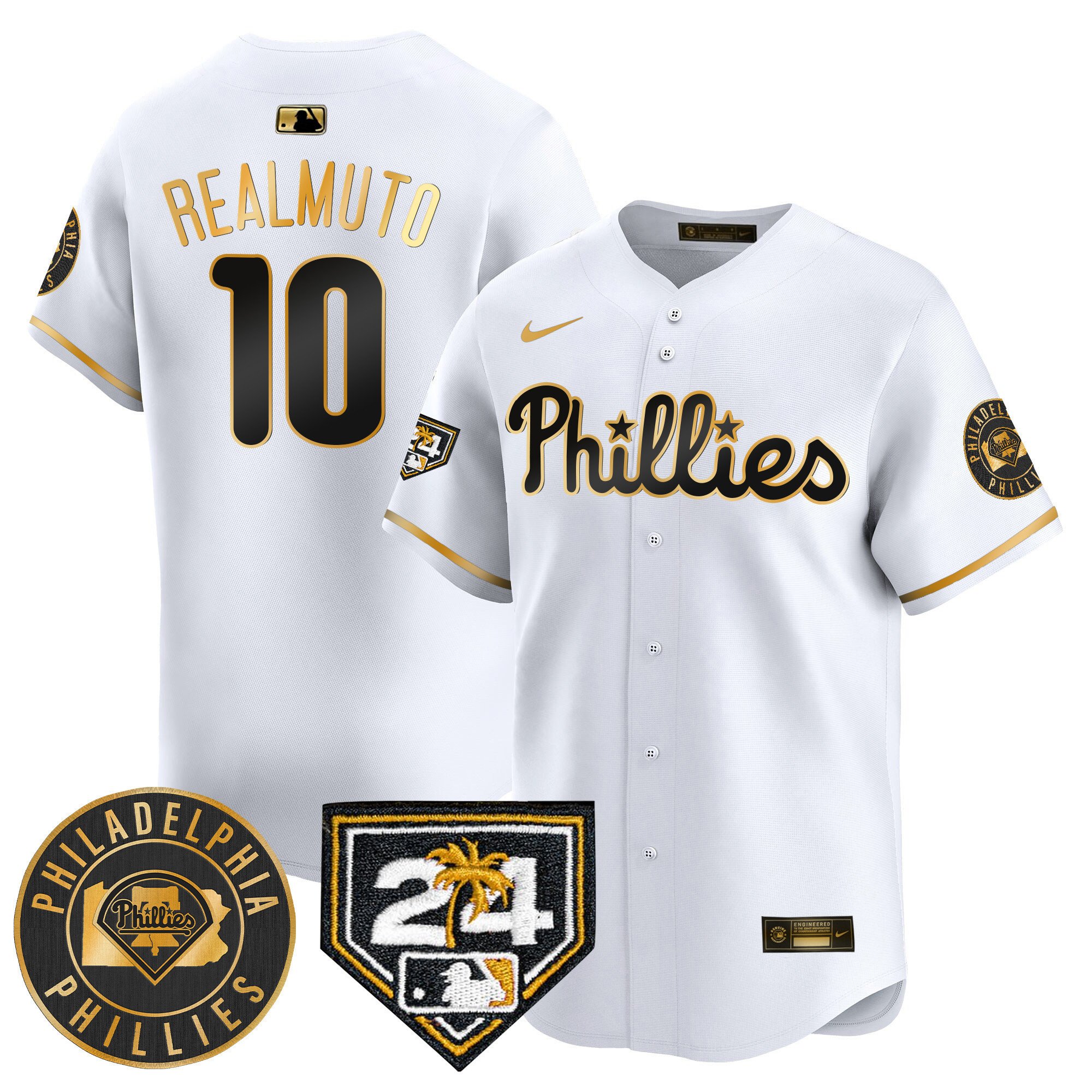 Men's Philadelphia Phillies J.T. Realmuto 2024 Spring Training Patch Vapor Premier Limited White Gold Jersey