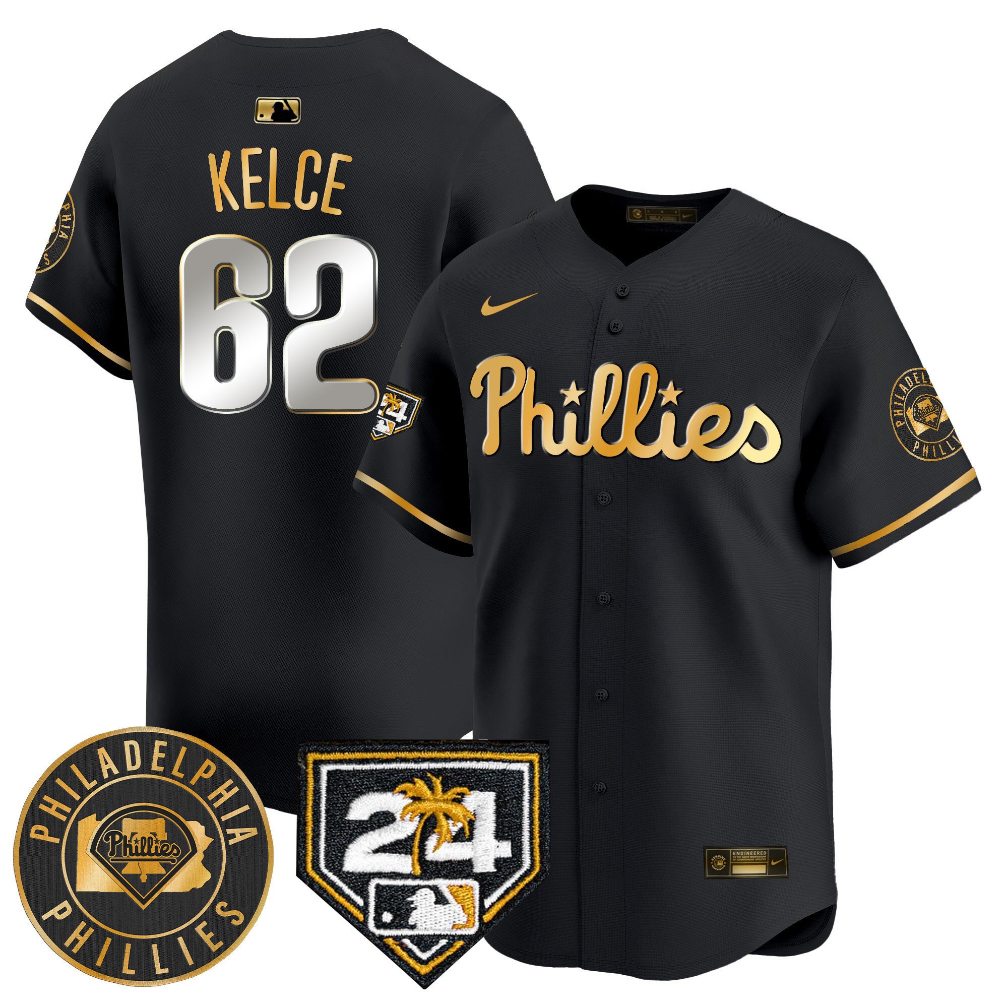 Men's Philadelphia Phillies Jason Kelce 2024 Spring Training Patch Vapor Premier Limited Black Gold Jersey
