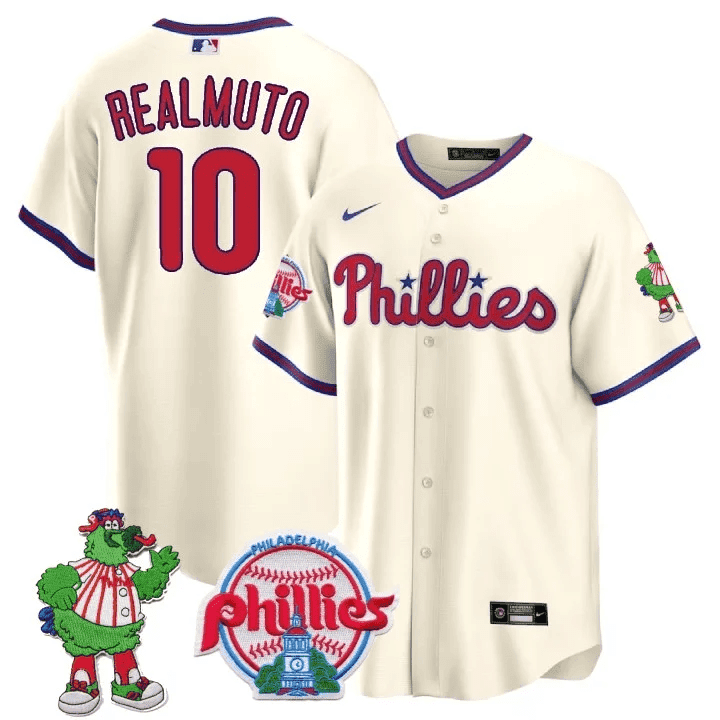 Men's Philadelphia Phillies JT Realmuto Phillie Phanatic Patch Cream Jersey