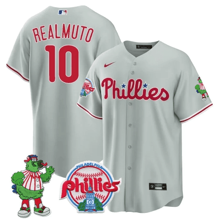 Men's Philadelphia Phillies JT Realmuto Phillie Phanatic Patch Gray Jersey